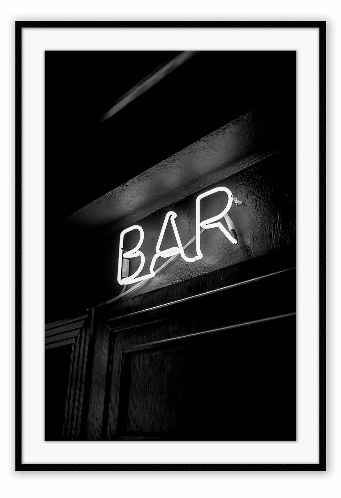 A fashion typography wall art of neon bar sign in black and white.