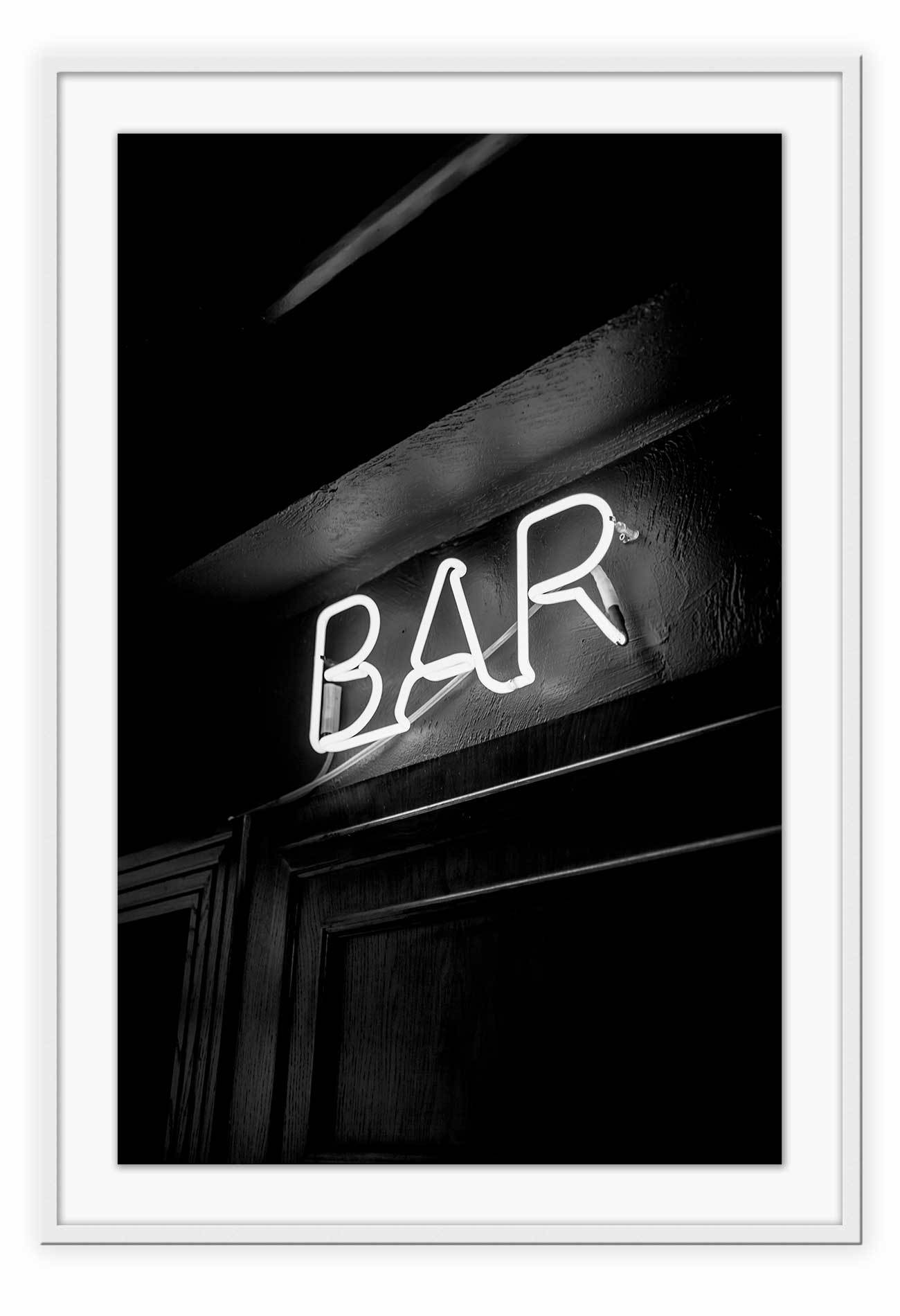 A fashion typography wall art of neon bar sign in black and white.