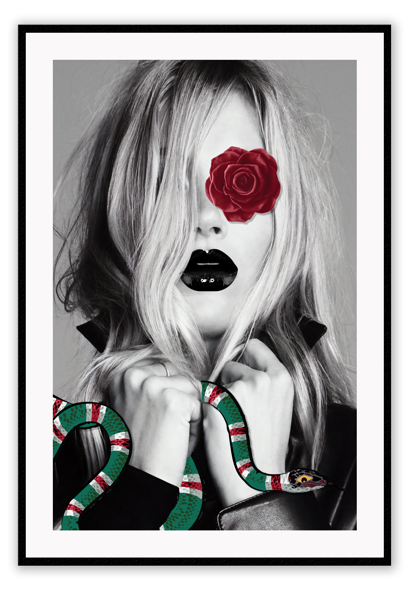 Fashion print Kate Moss model black and white with red rose over one eye holding a green and red gucci snake.