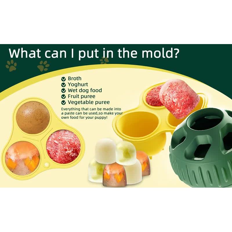 Blue Ball and Yellow Mold Pet Treat Dispensing Ball and Molding Set - Silicone Dog Chew Toy for Teeth Cleaning and Boredom Relief