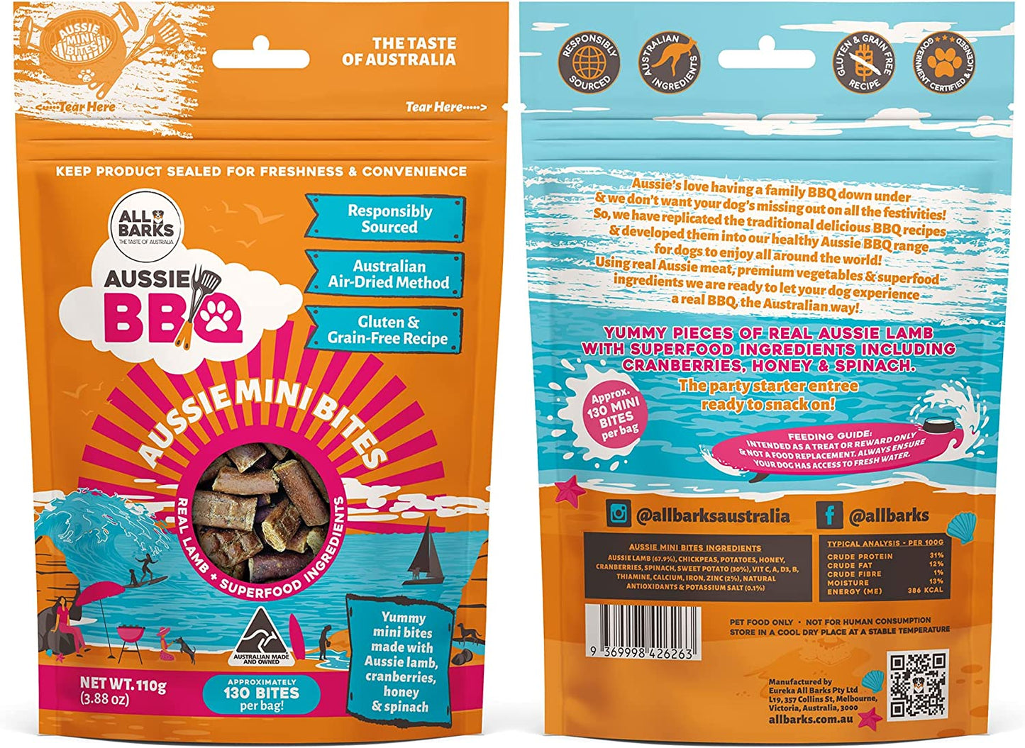 Aussie Mini Bites - 100% Aussie Lamb & Superfood Ingredients - Natural, Grain-Free Dog Treats - Snacks, Training or Rewards for Dogs - 110G