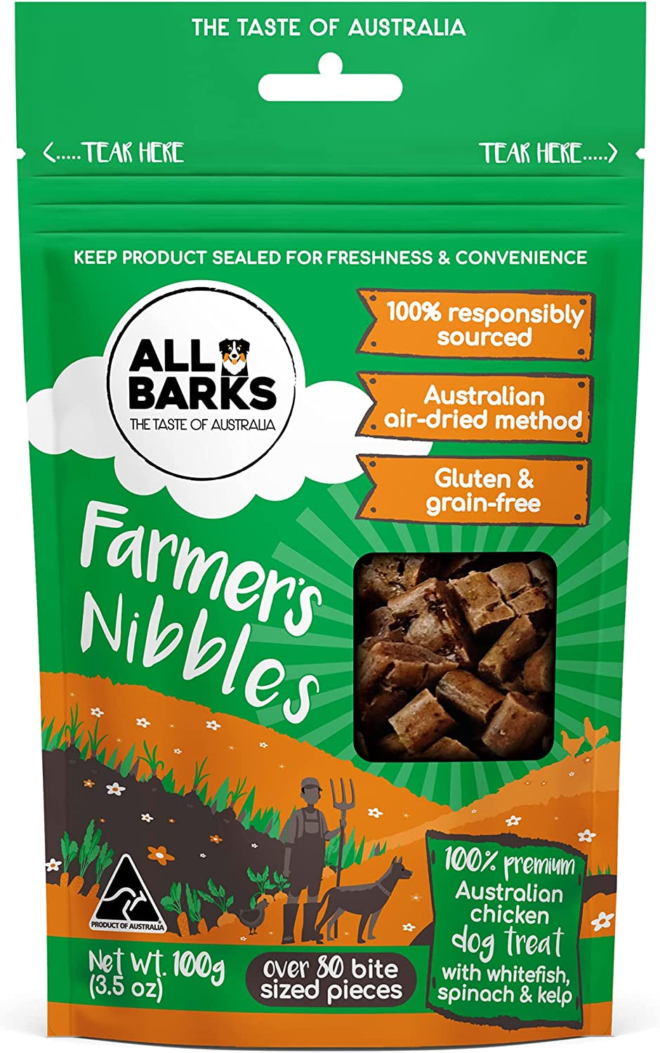 Farmer'S Nibbles - 100% Aussie Chicken, Whitefish, Spinach & Kelp - Natural, Grain-Free, Australian Dog Treats - Snacks, Training or Rewards for Dogs - 100G