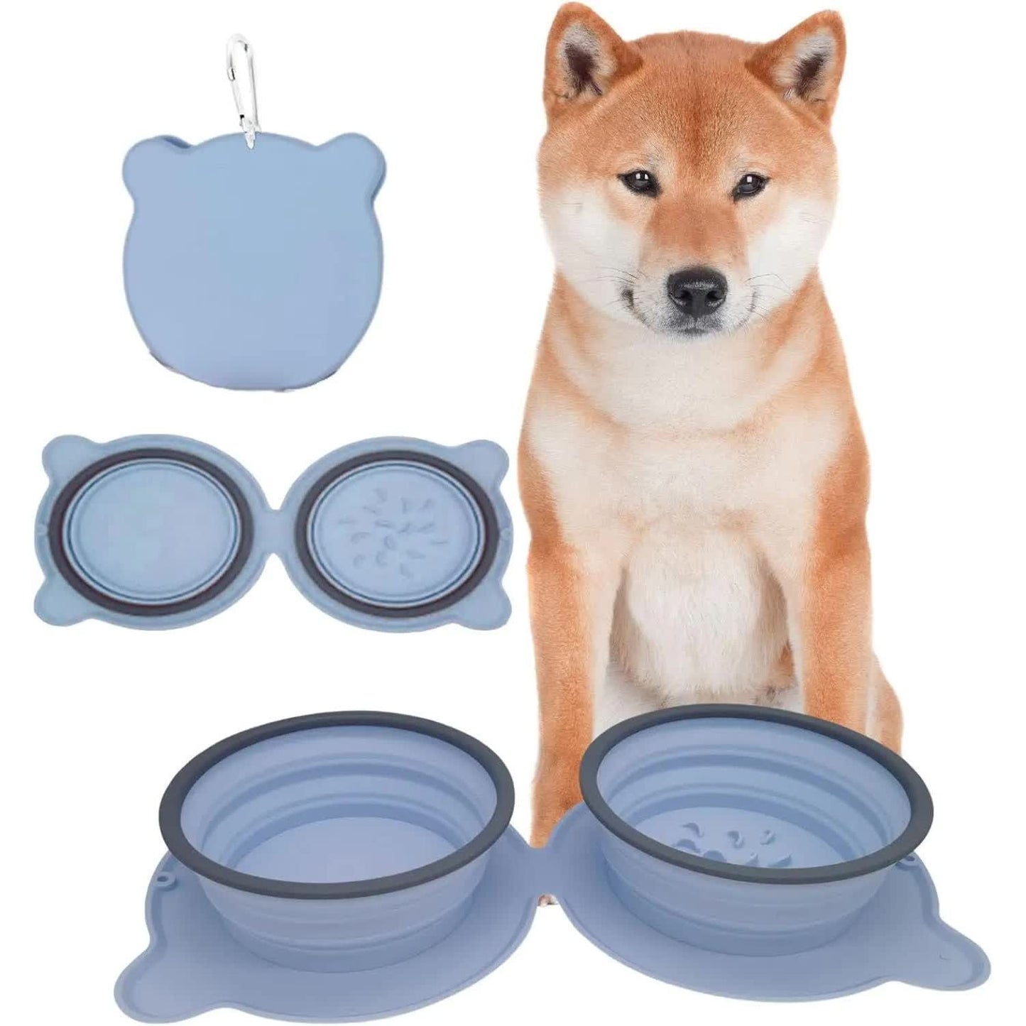 Dark Blue Portable Collapsible Pet Bowl Set - Food-Grade Silicone Double Bowl for Dogs & Cats, Anti-Slip & Easy to Clean
