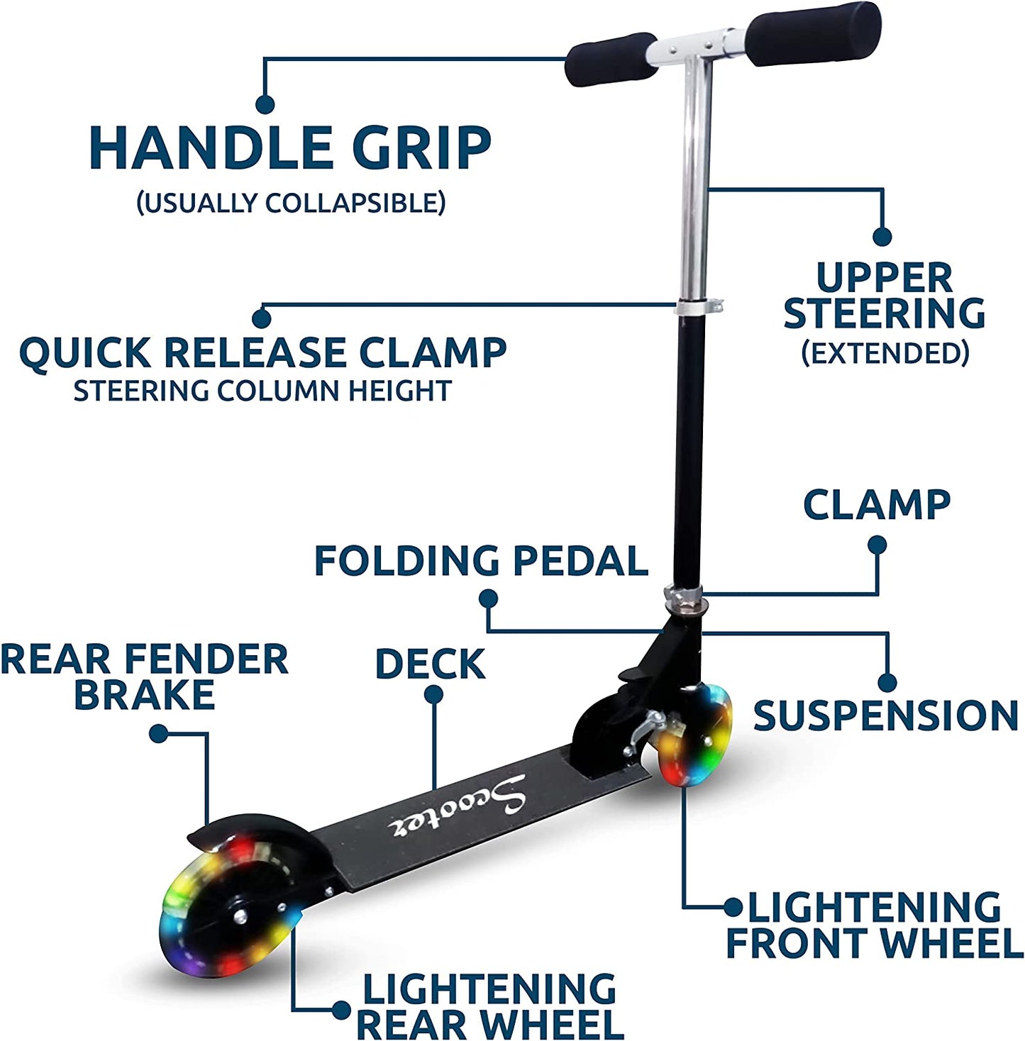 Foldable Kick Scooter for Kids - LED Lights Aluminum Frame & Handlebars Sport Scooter for Toddler Adults Teens Boys & Girls, Detachable and Portable Black Kids' Scooter with Adjustable Height