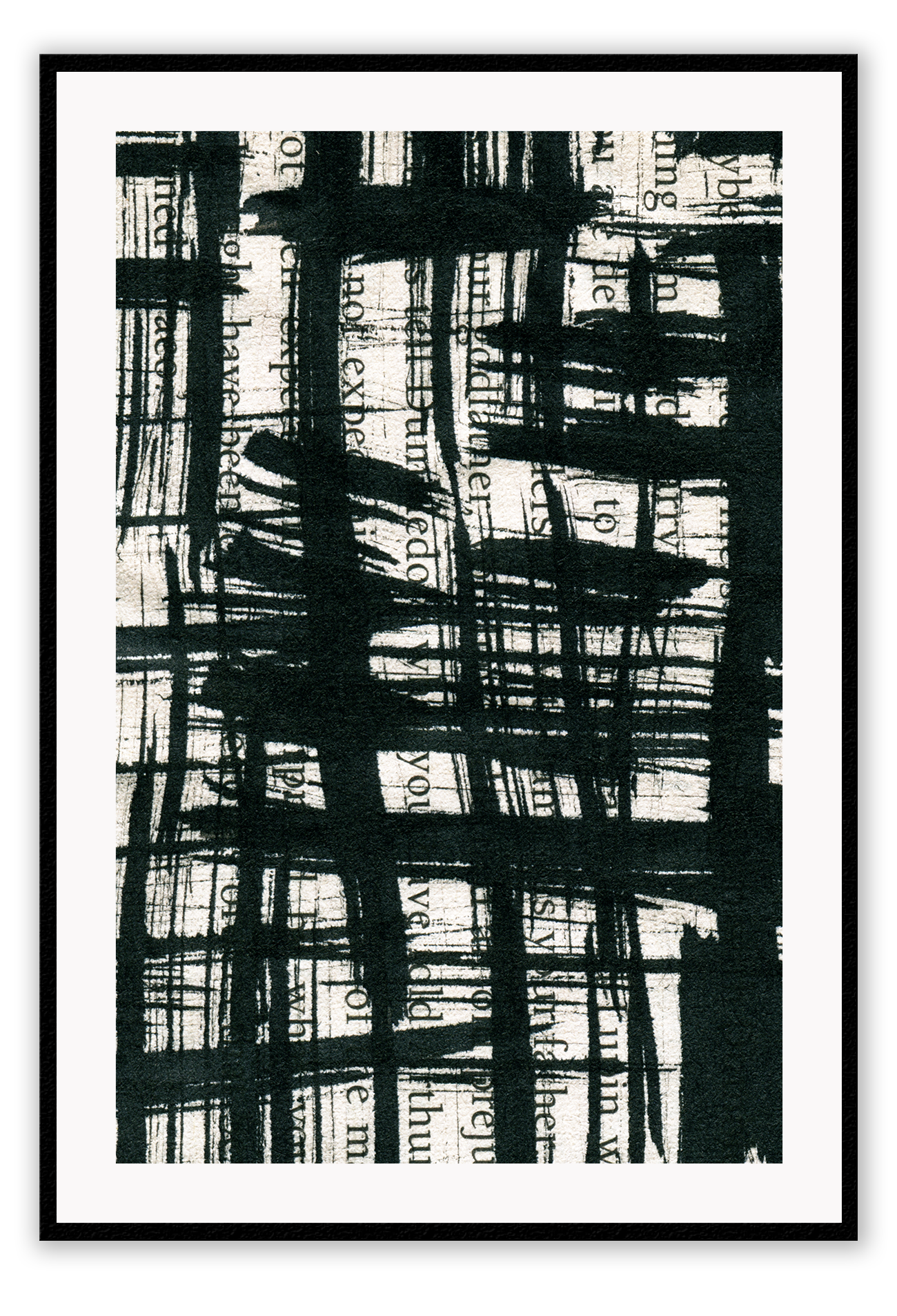 Typography abstract print with black brushstrokes and cream background dark moody