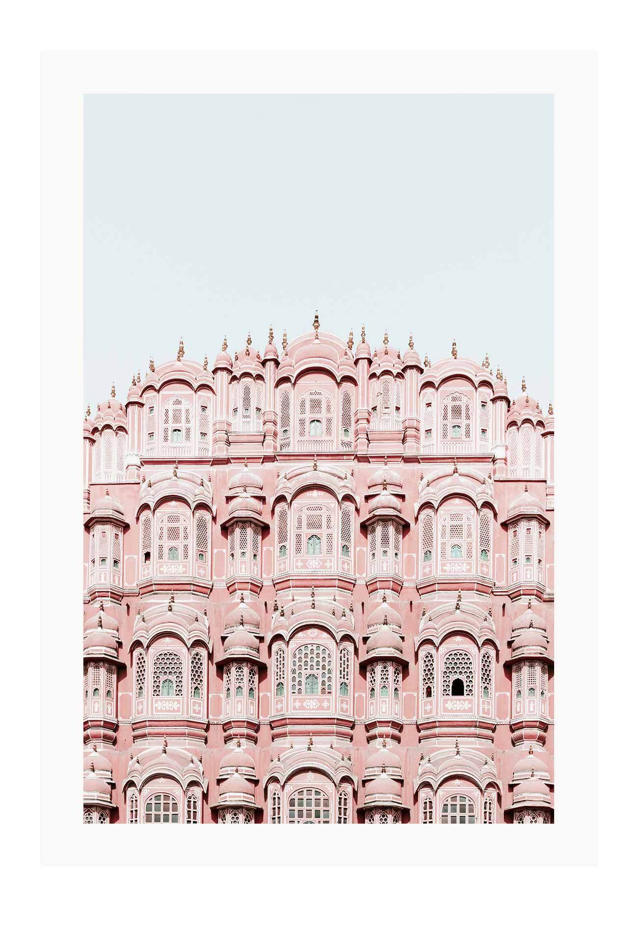 An urban wall art with pink indian architecture masterpiece.