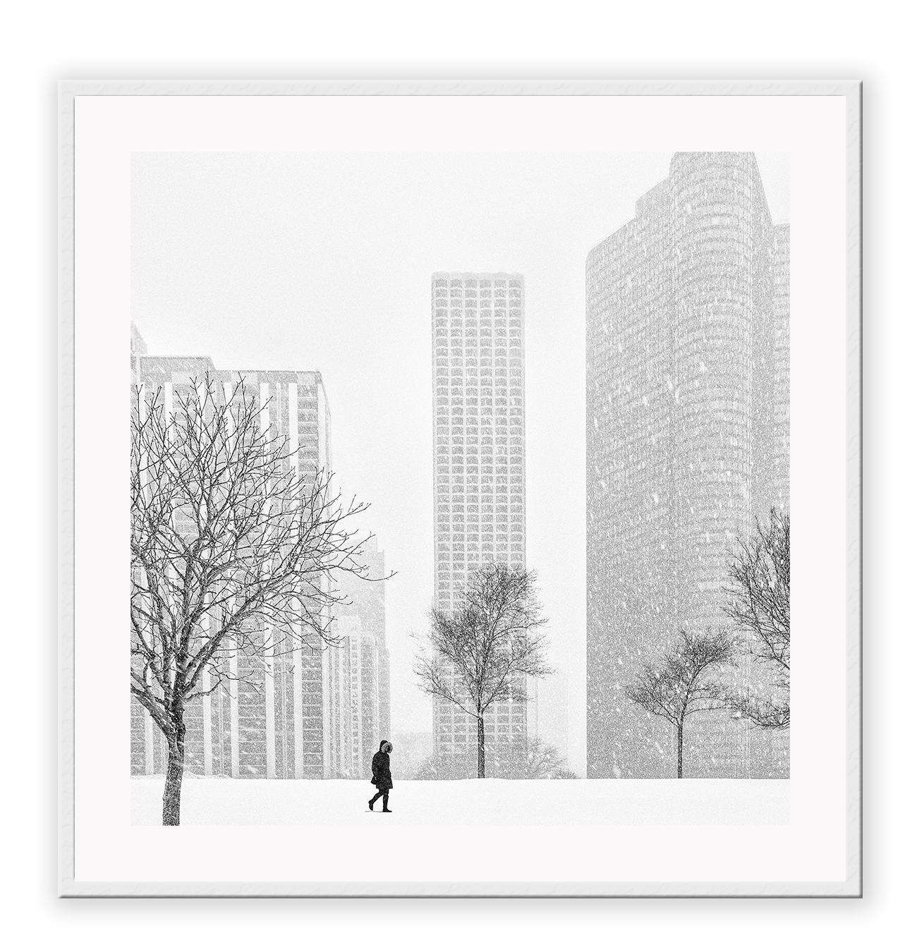 Urban print with black and white city in winter New York City Central Park in square orientation.