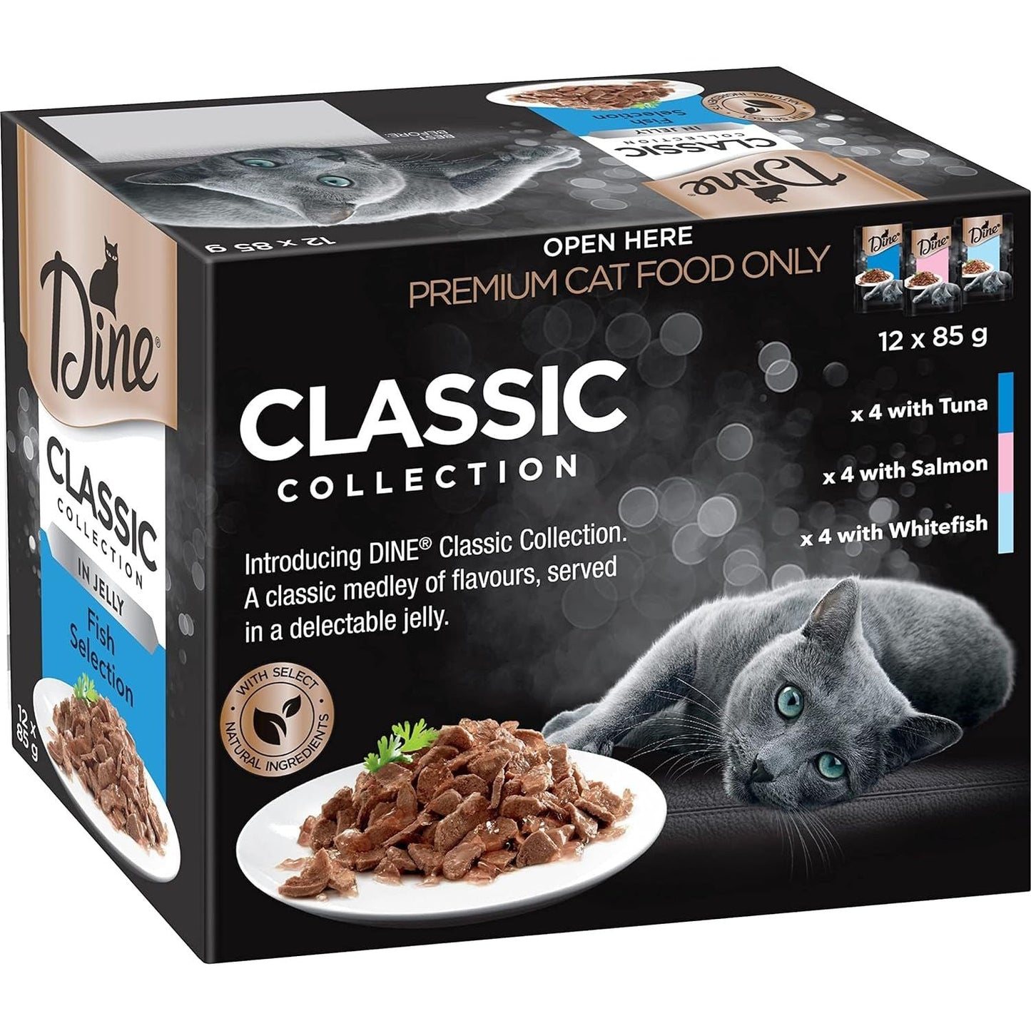 DINE Classic Collection Adult Wet Cat Food Fish Selection in Jelly 12 X 85G, 5 Pack (60 Pouches)