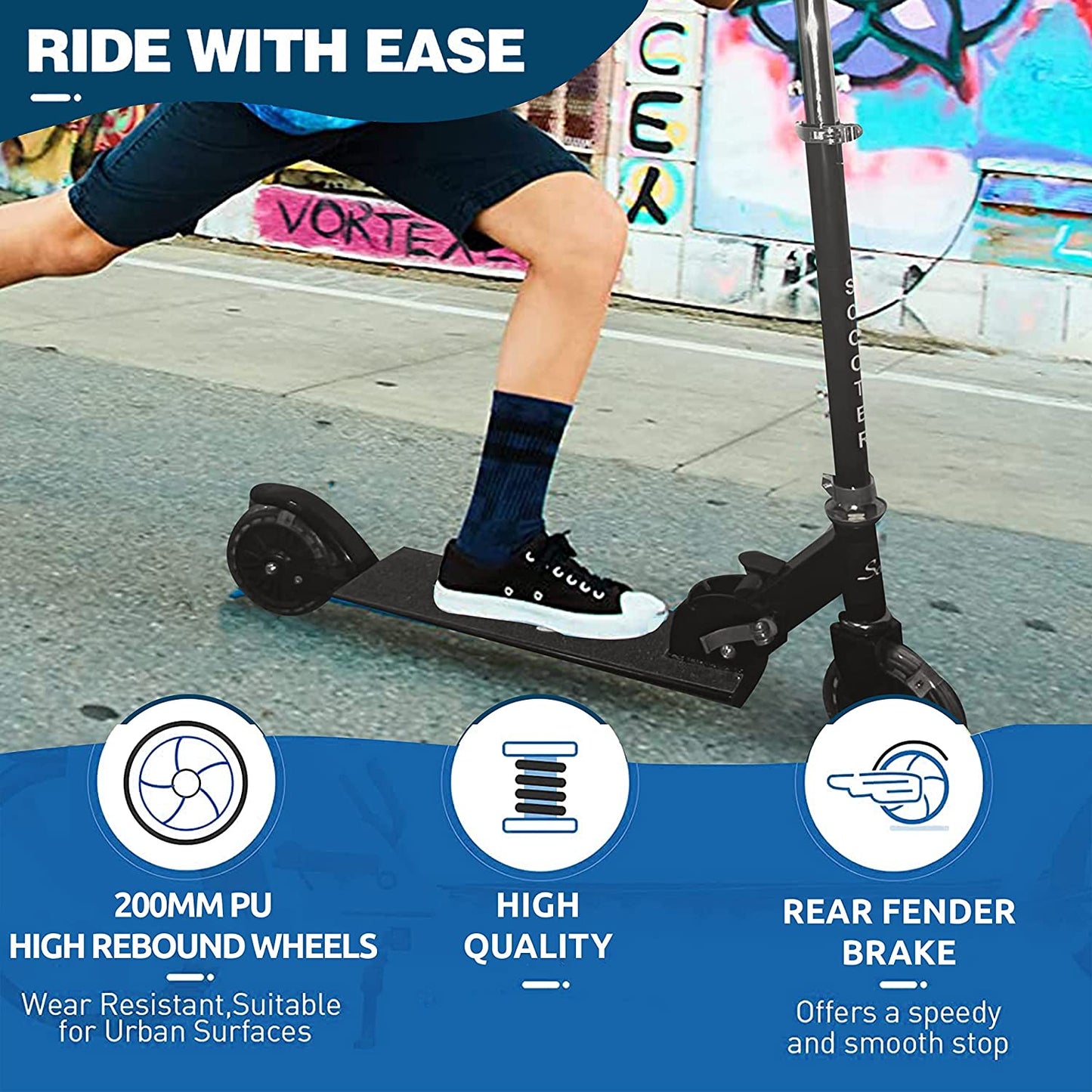 Foldable Kick Scooter for Kids - LED Lights Aluminum Frame & Handlebars Sport Scooter for Toddler Adults Teens Boys & Girls, Detachable and Portable Black Kids' Scooter with Adjustable Height
