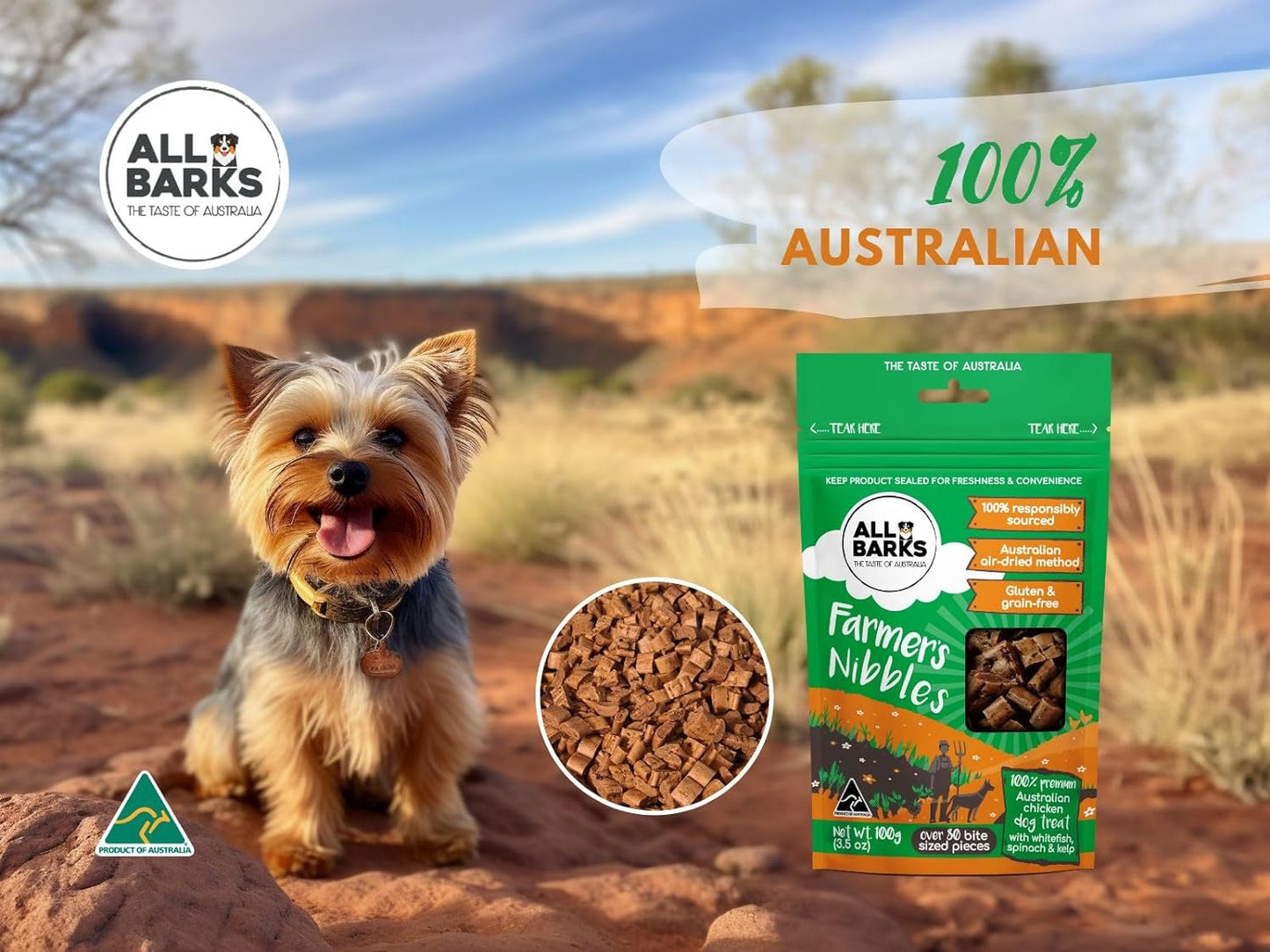 Farmer'S Nibbles - 100% Aussie Chicken, Whitefish, Spinach & Kelp - Natural, Grain-Free, Australian Dog Treats - Snacks, Training or Rewards for Dogs - 100G