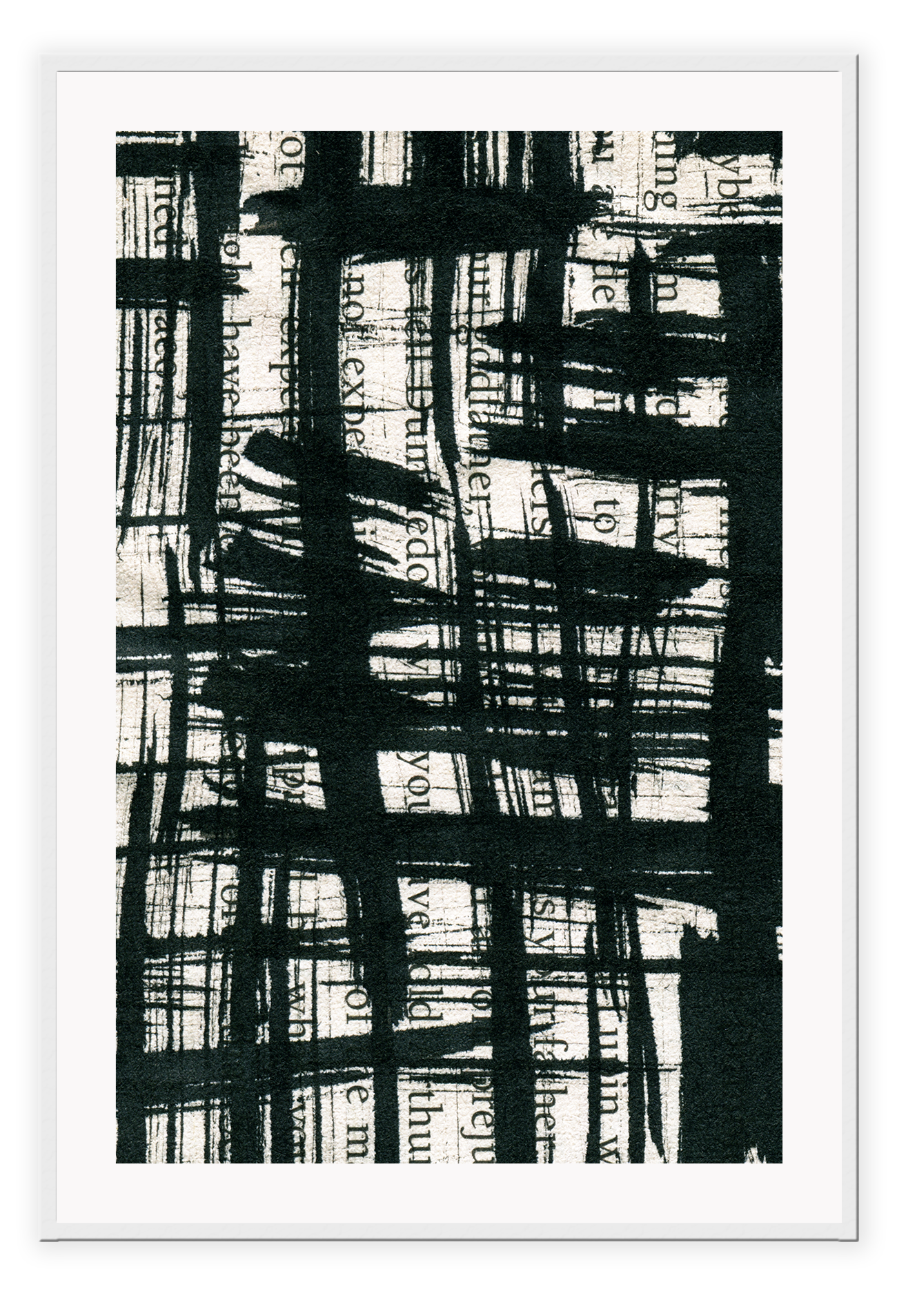 Typography abstract print with black brushstrokes and cream background dark moody