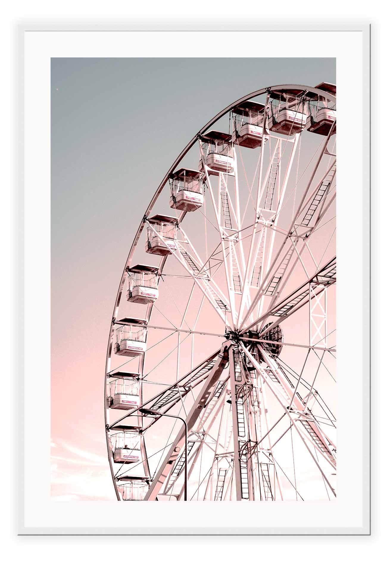 A nursery wall art with ferris wheel in pink and blue sky.