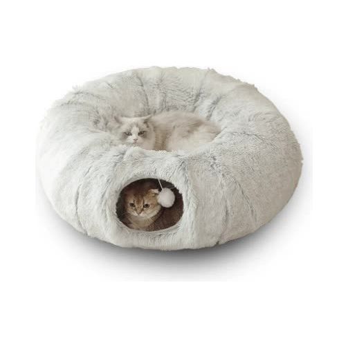Grey Luxury Plush Cat Bed with Hidden Tunnel - Soft Round Pet Bed for Cats and Small Dogs