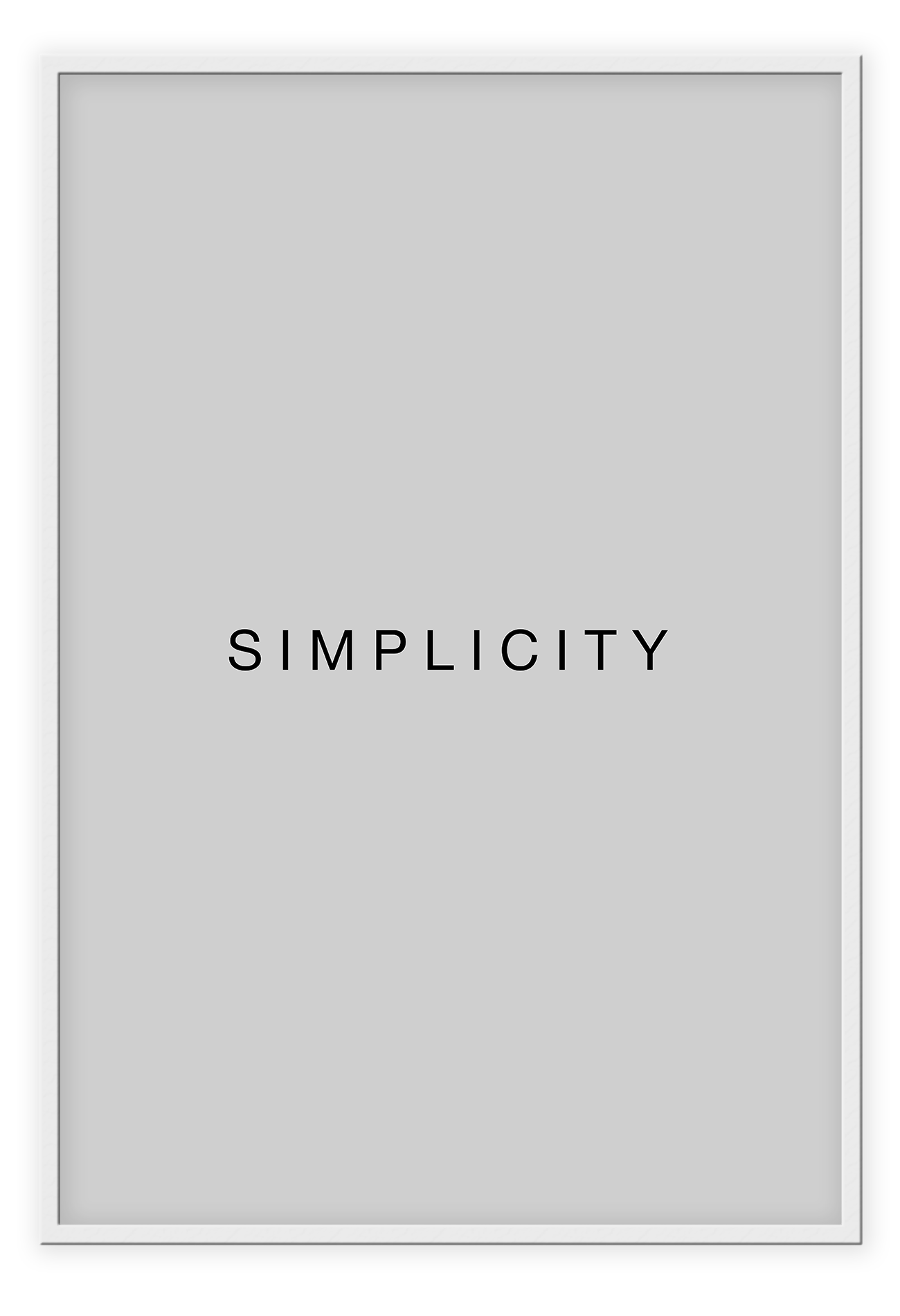 Typography print with the word SIMPLICITY in black text on a grey background.