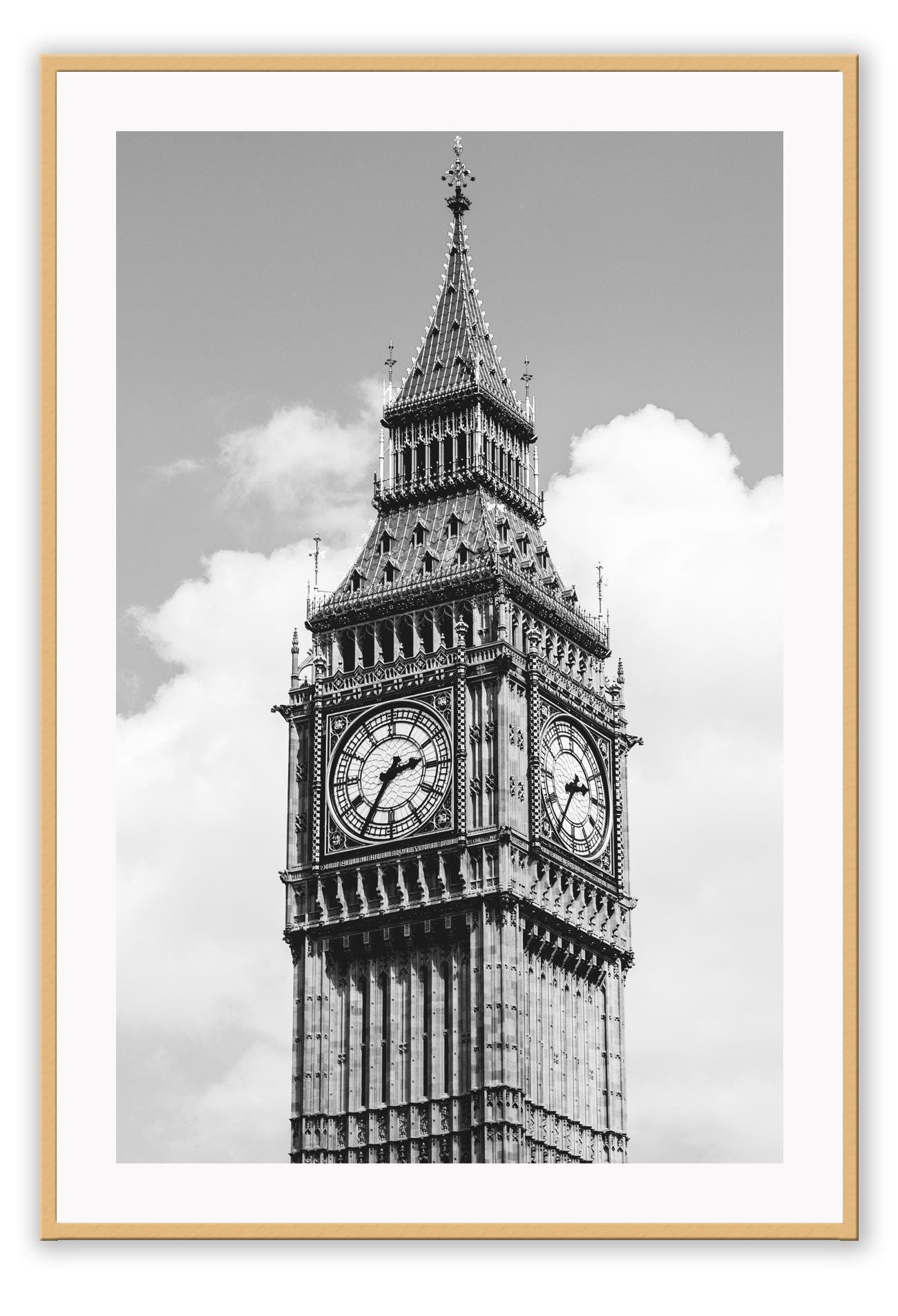 A black and white urban wall art with classic architecture Big Ben in London.