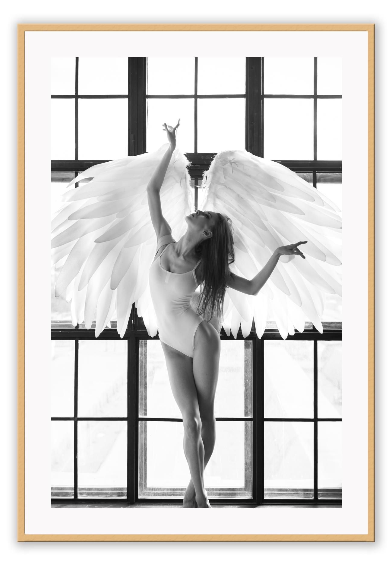 A fashion black and white wall art with the breath of the sun penetrating through big frosted window, back-liting an angel-like bellerina dancing with white feather wings and white leotards.