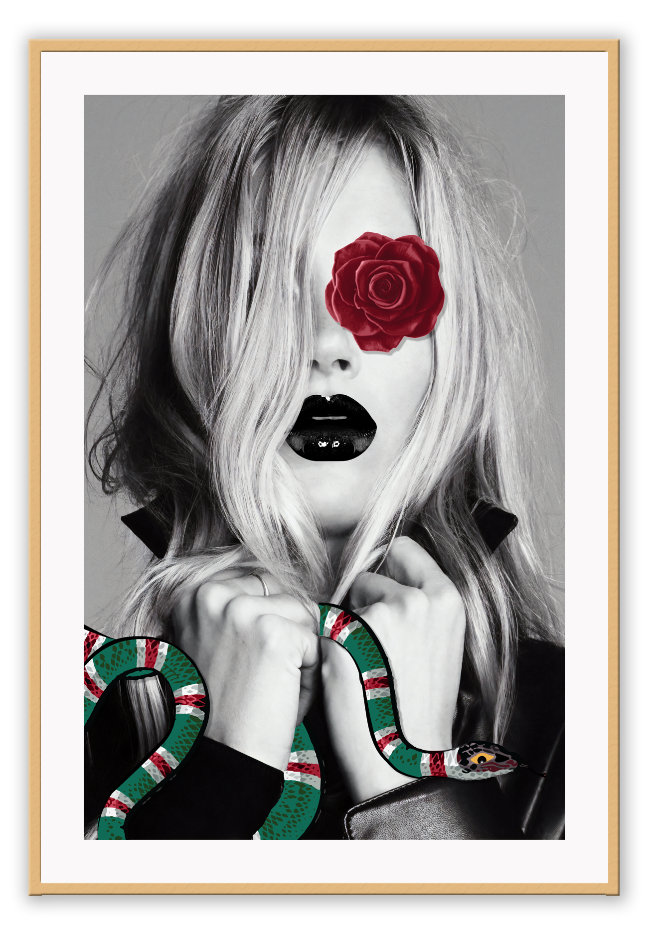 Fashion print Kate Moss model black and white with red rose over one eye holding a green and red gucci snake.