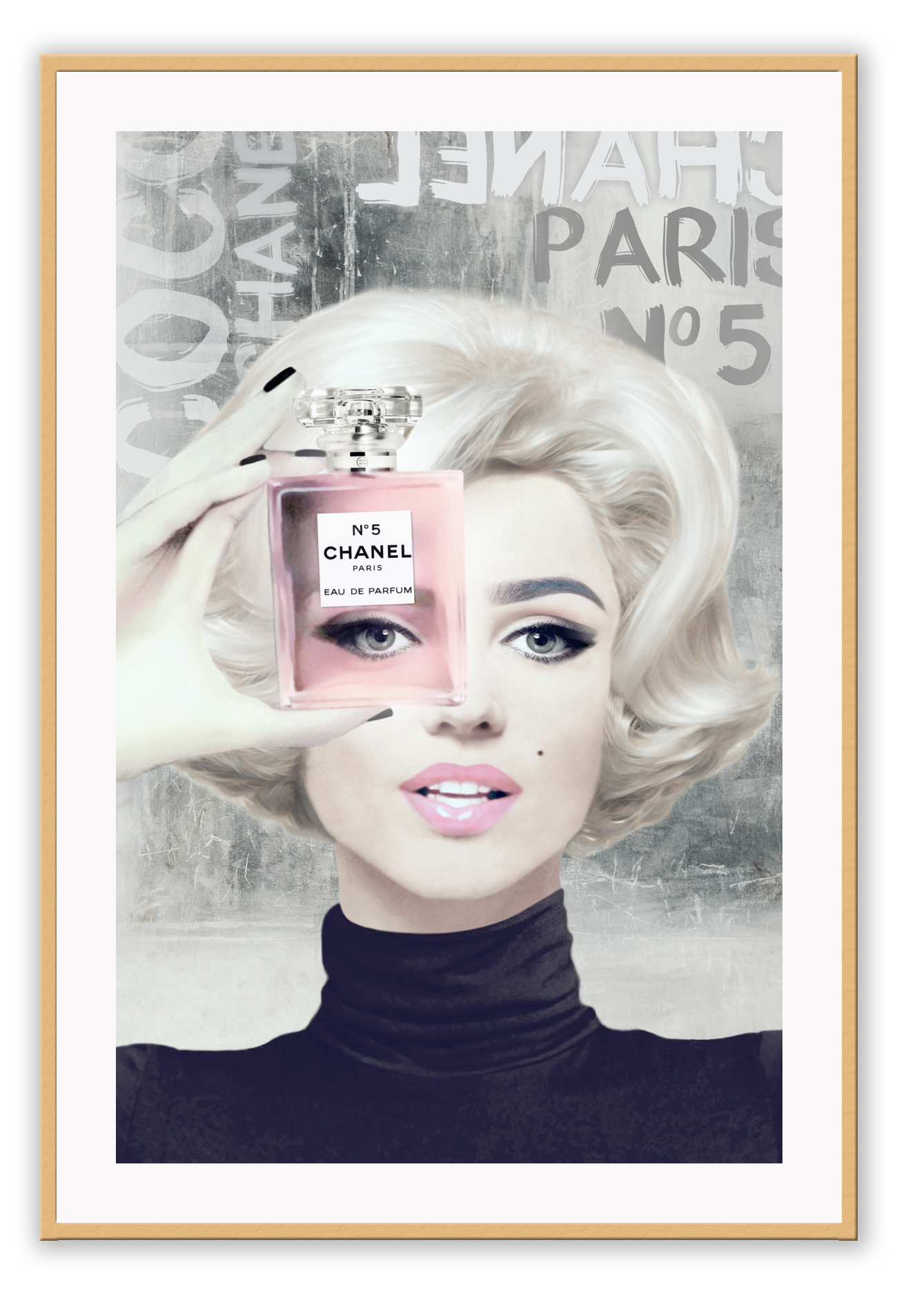 Fashion illustration iconic Marilyn Monroe holding Chanel perfume bottle in pink