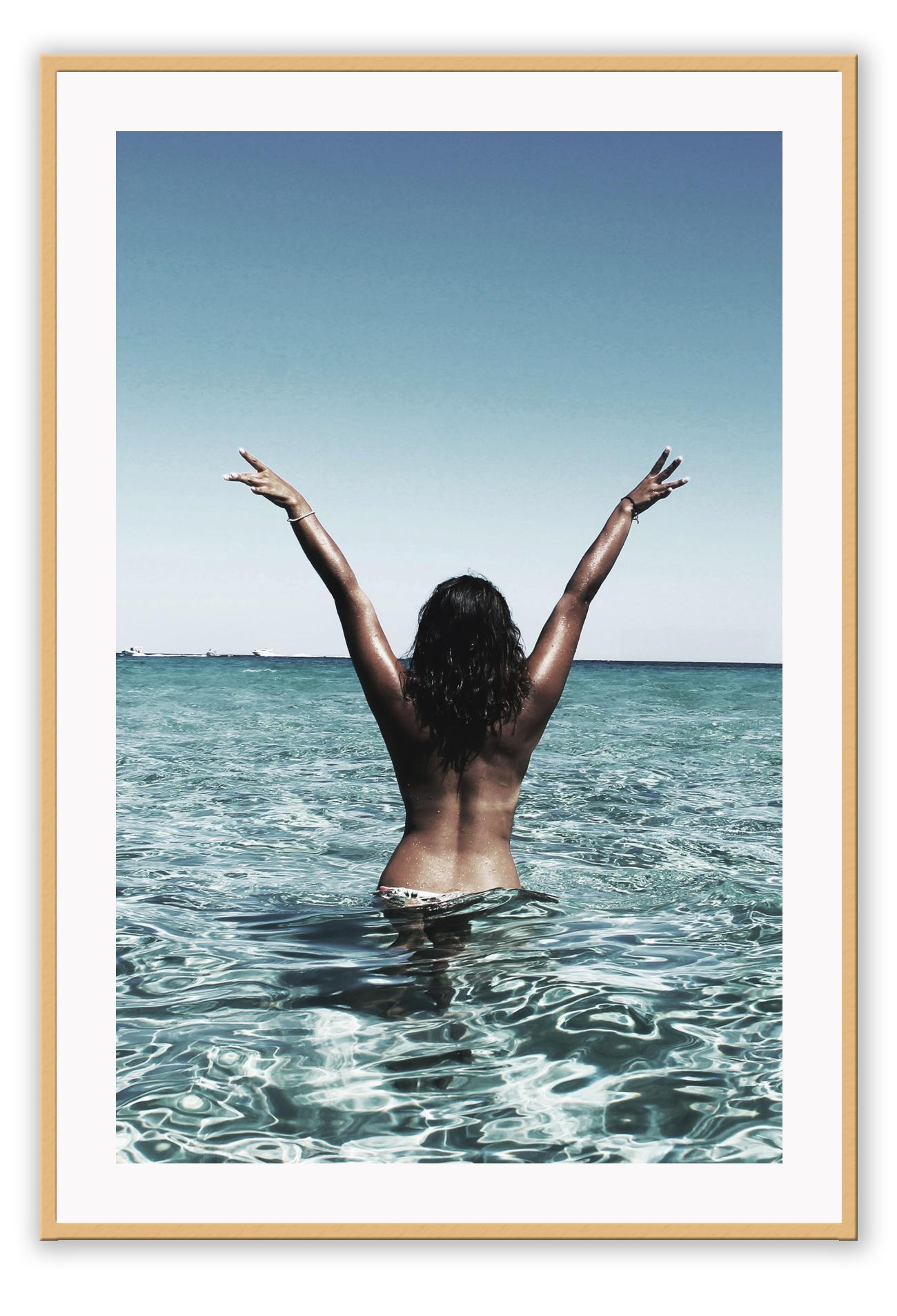 Photography fashion woman tan in water nude sexy back facing camera freedom beach