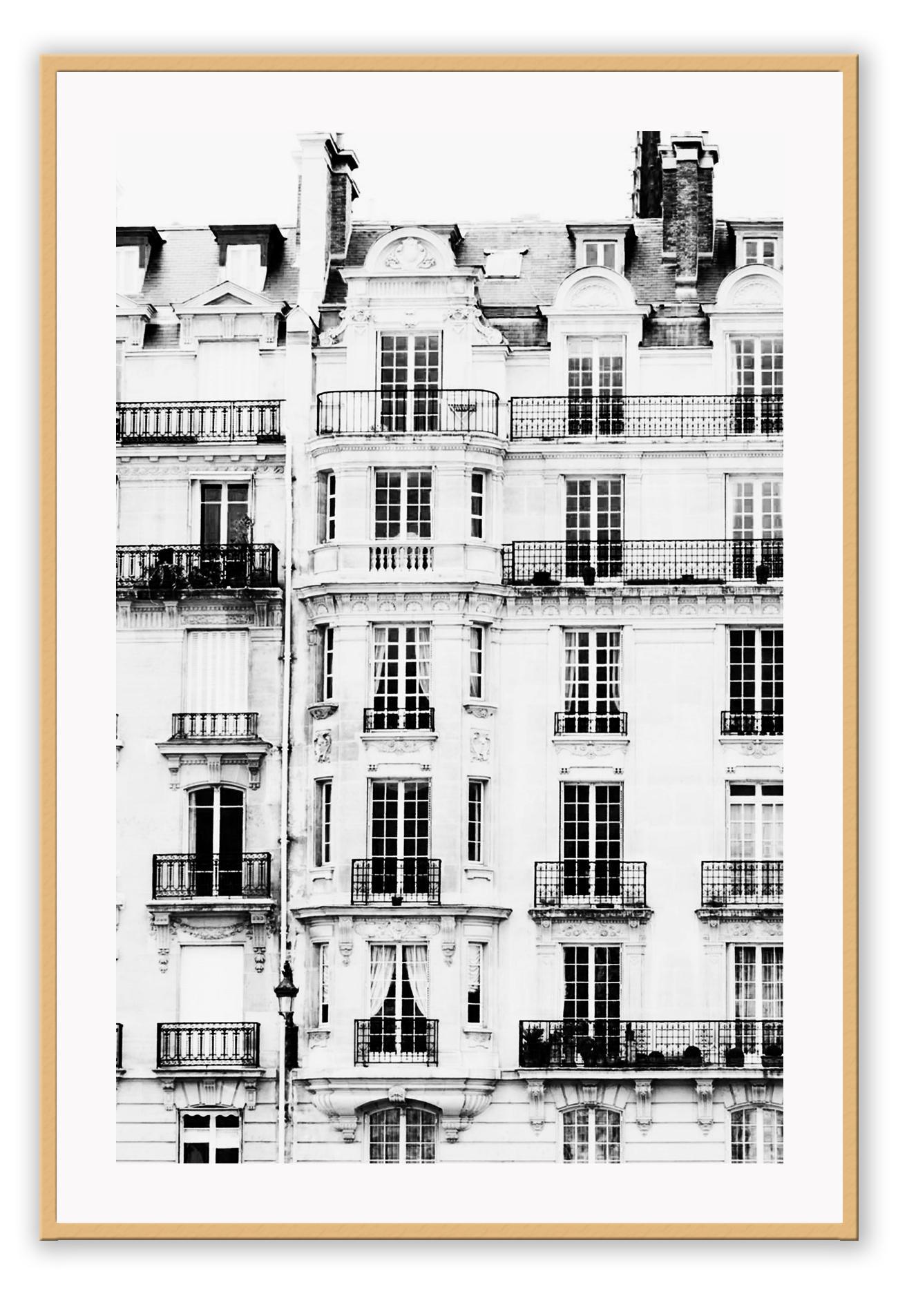 Black and white print photography minimal france windows and balconies architecture