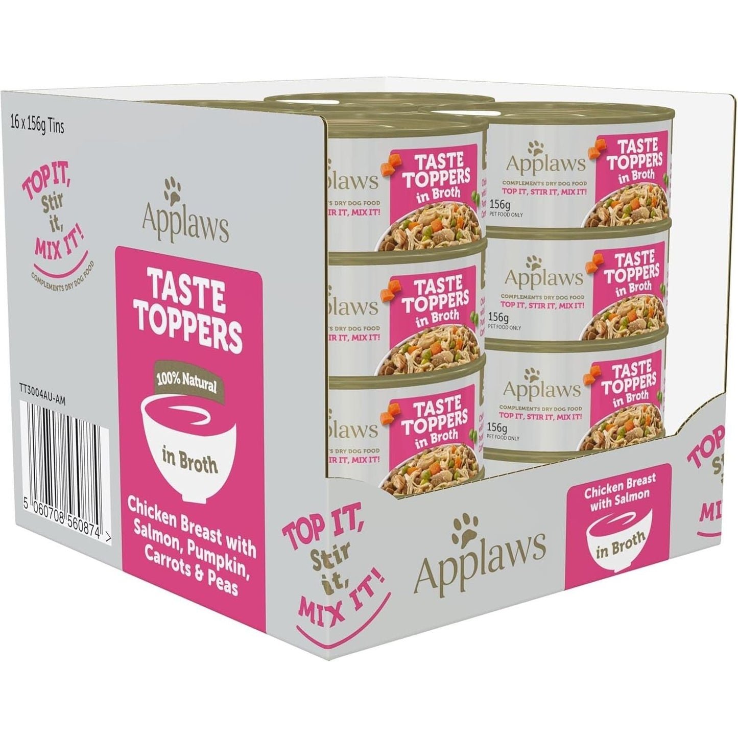Taste Toppers 100% Natural Wet Dog Food Chicken Breast with Salmon & Vegetables in Broth Tin 156G (Pack of 16), Limited Ingredients Pet Food