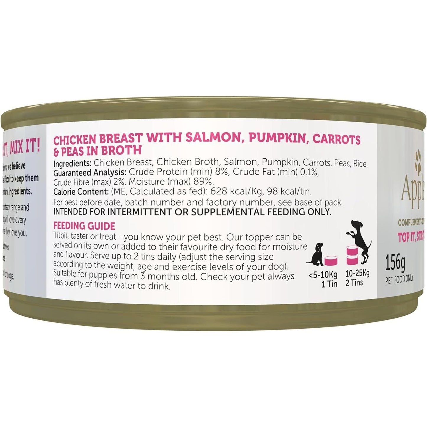 Taste Toppers 100% Natural Wet Dog Food Chicken Breast with Salmon & Vegetables in Broth Tin 156G (Pack of 16), Limited Ingredients Pet Food