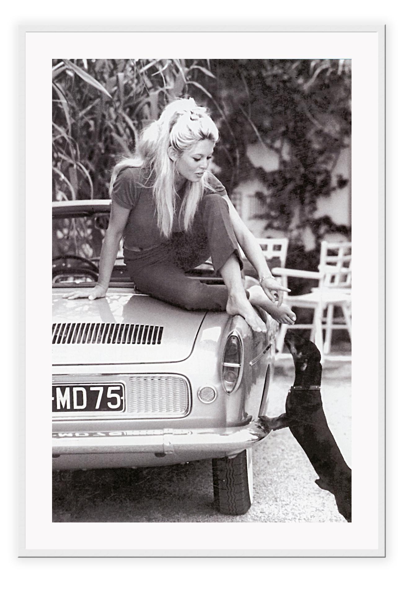 A black and white photo print of a fashion model woman lady on vintage car patting dog dachshund blonde and sexy