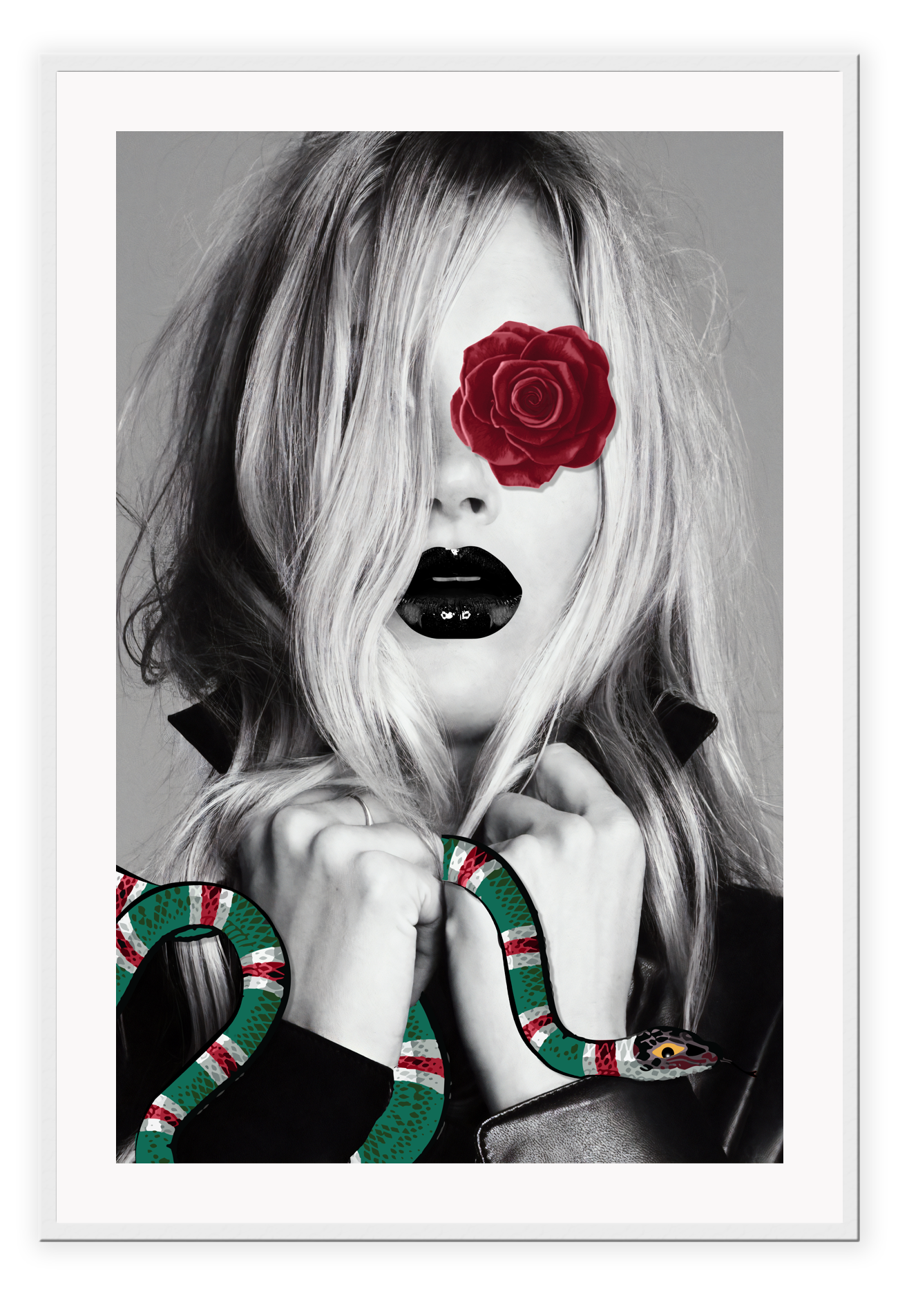 Fashion print Kate Moss model black and white with red rose over one eye holding a green and red gucci snake.