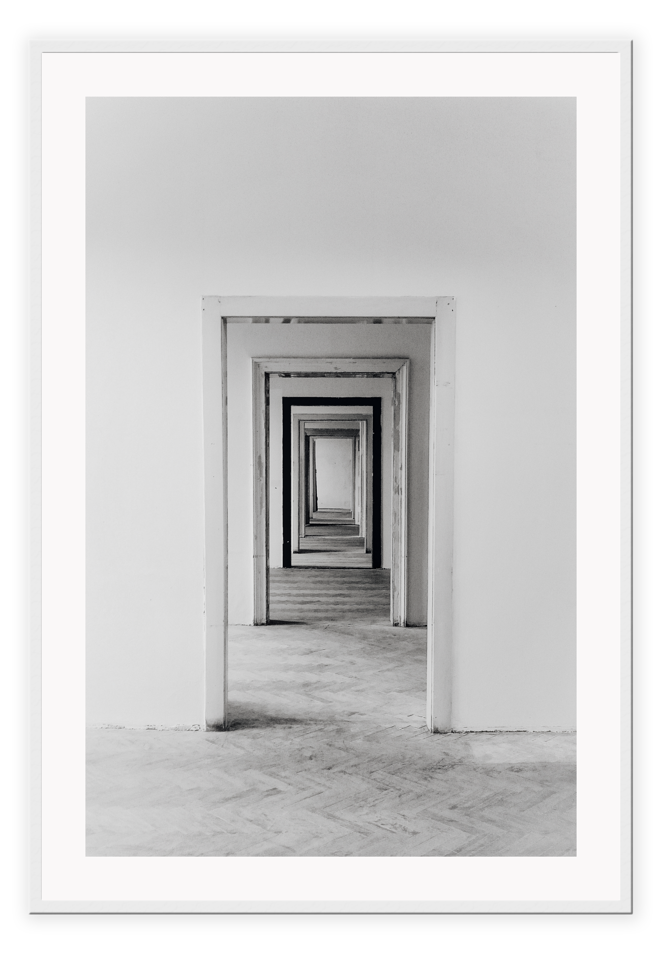Photography print black and white architechture with minimalistic with decending doorways
