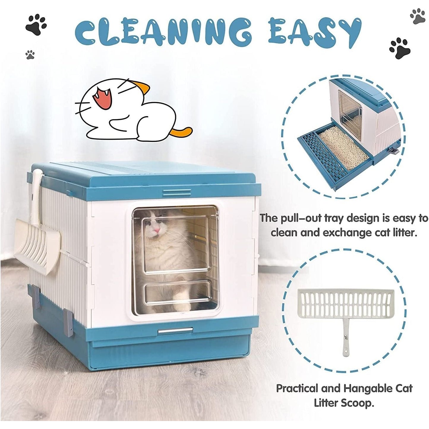 YES4PETS XL Portable Cat Toilet Litter Box Tray Foldable House with Handle and Scoop Blue