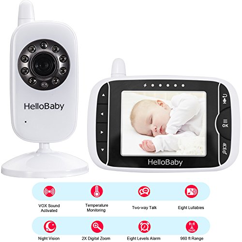 Baby Monitor, HelloBaby Video Baby Monitor with Camera and Audio, 3.2'' LCD Display Screen, Automatic Night Vision Camera,Two-Way Audio,Room Temperature Monitoring and Lullabies