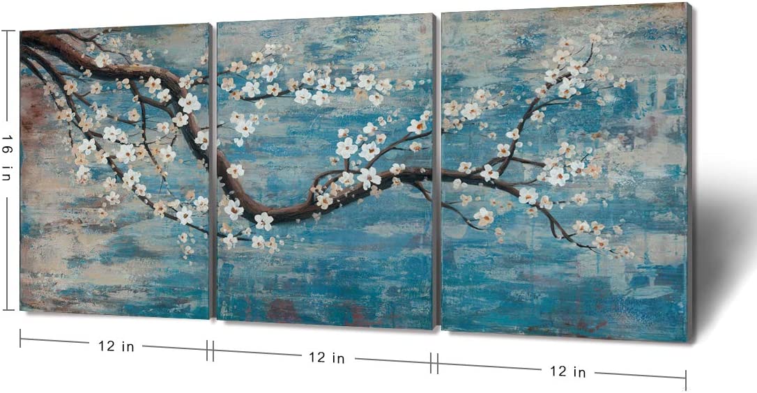 Ejart 3 Piece Wall Art Hand-Painted Framed Flower Oil Painting On Canvas Gallery Wrapped Modern Floral Artwork for Living Room Bedroom Décor Teal Blue Lake Ready to Hang 36"x16", oil, 36 x 16 inch