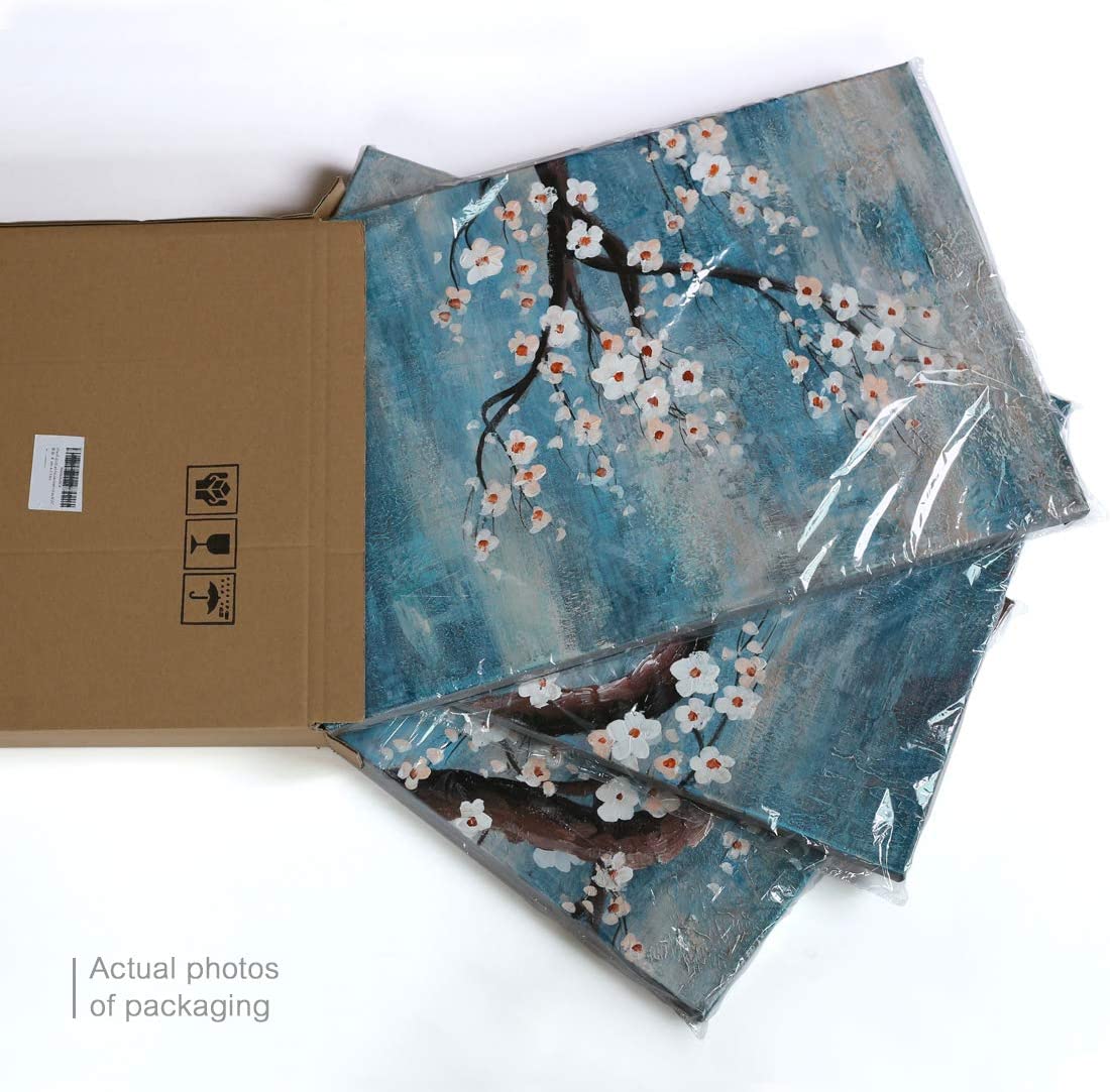 Ejart 3 Piece Wall Art Hand-Painted Framed Flower Oil Painting On Canvas Gallery Wrapped Modern Floral Artwork for Living Room Bedroom Décor Teal Blue Lake Ready to Hang 36"x16", oil, 36 x 16 inch