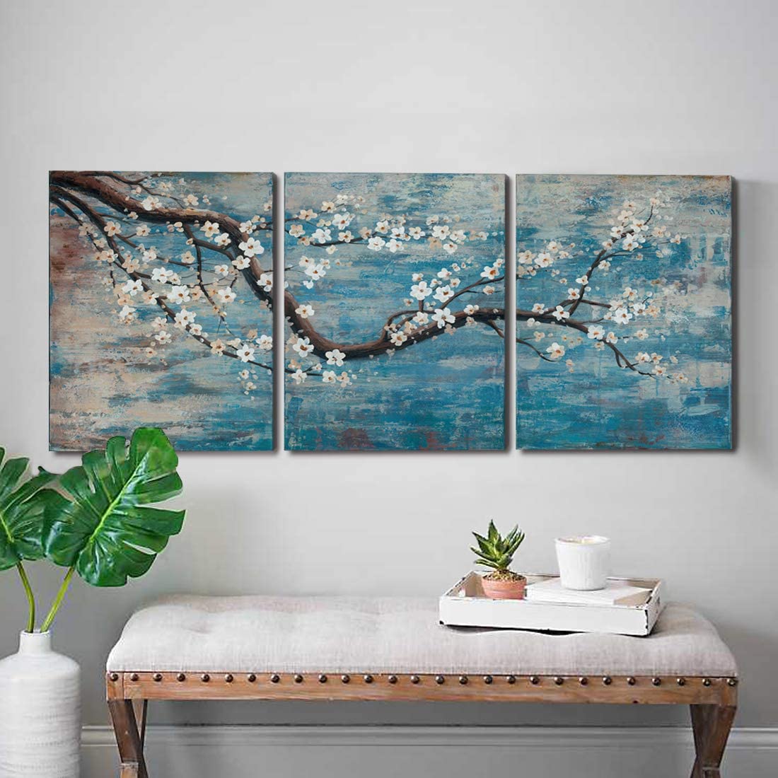 Ejart 3 Piece Wall Art Hand-Painted Framed Flower Oil Painting On Canvas Gallery Wrapped Modern Floral Artwork for Living Room Bedroom Décor Teal Blue Lake Ready to Hang 36"x16", oil, 36 x 16 inch
