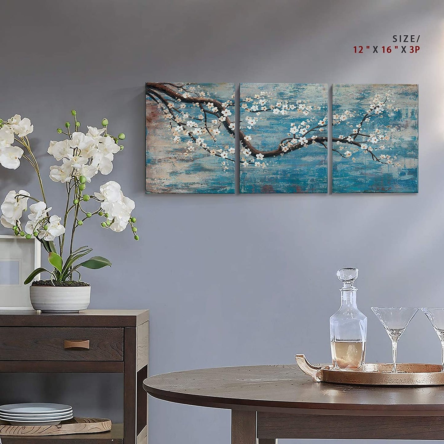 Ejart 3 Piece Wall Art Hand-Painted Framed Flower Oil Painting On Canvas Gallery Wrapped Modern Floral Artwork for Living Room Bedroom Décor Teal Blue Lake Ready to Hang 36"x16", oil, 36 x 16 inch