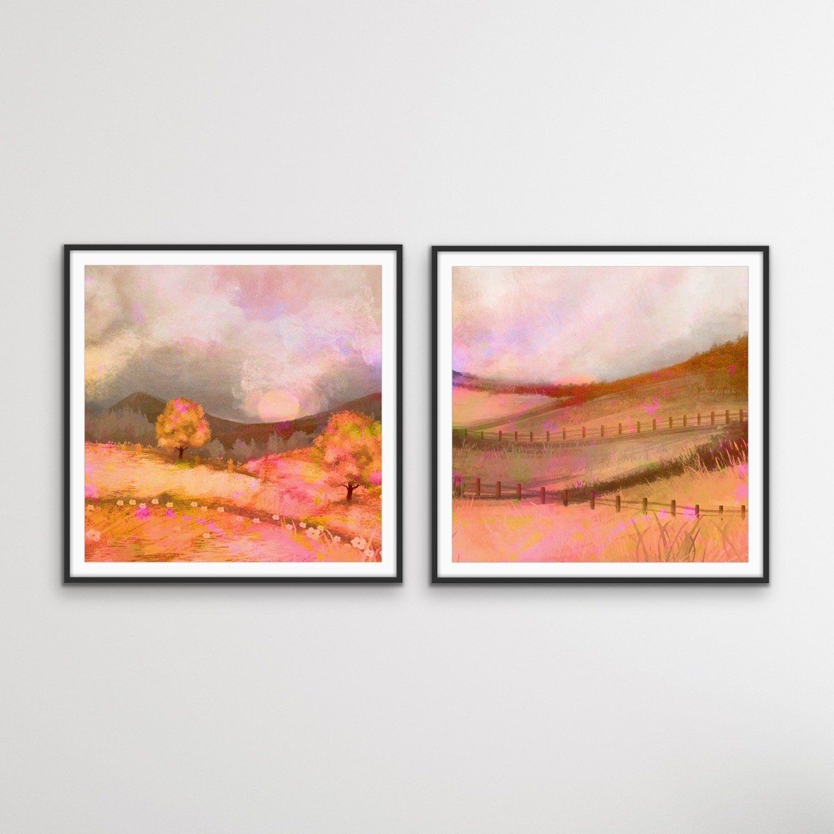 Glowing Lands - Two Piece Orange Square Abstract Print Set