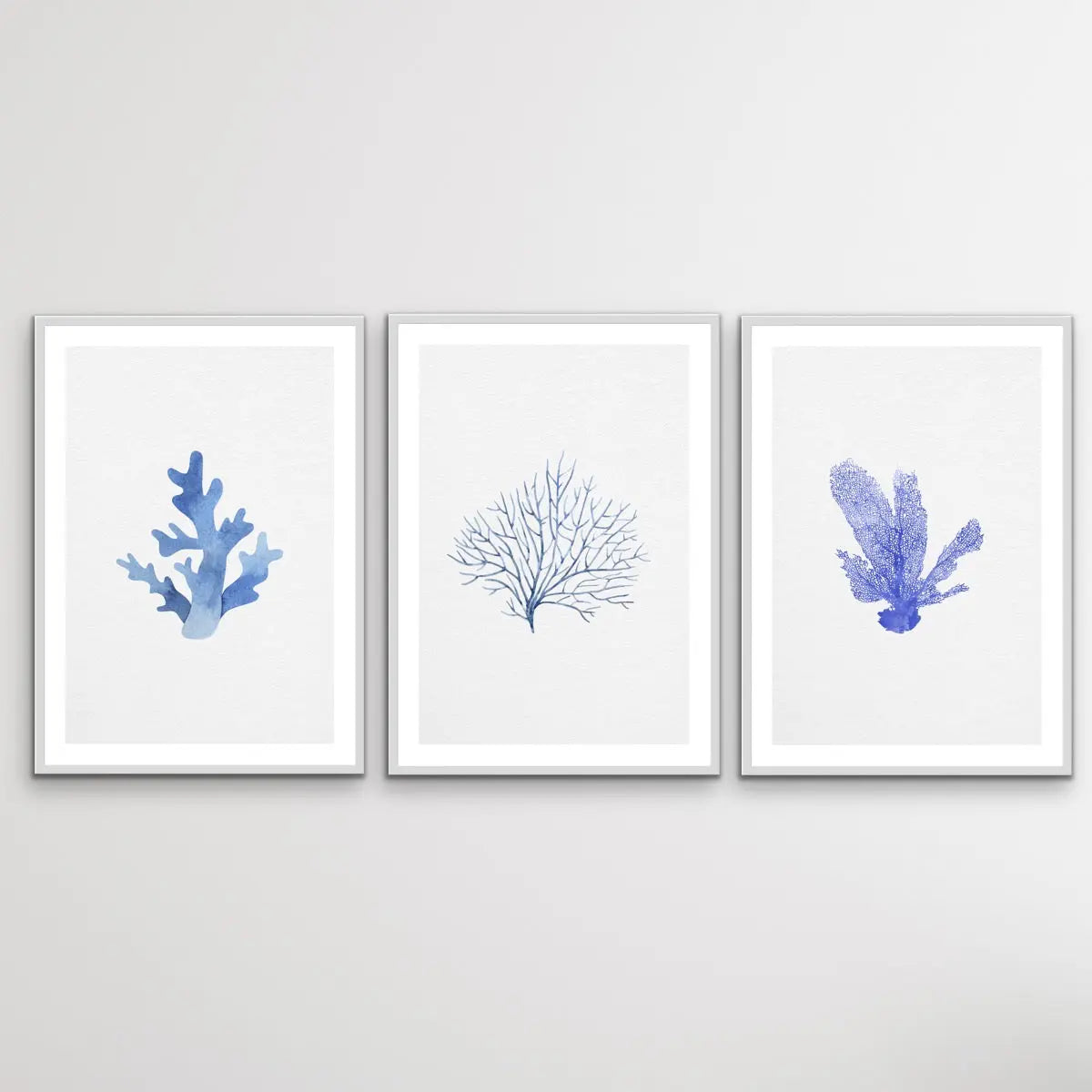 Hamptons Blue Coral Seaside Wall Art Prints - Three Piece Art Print