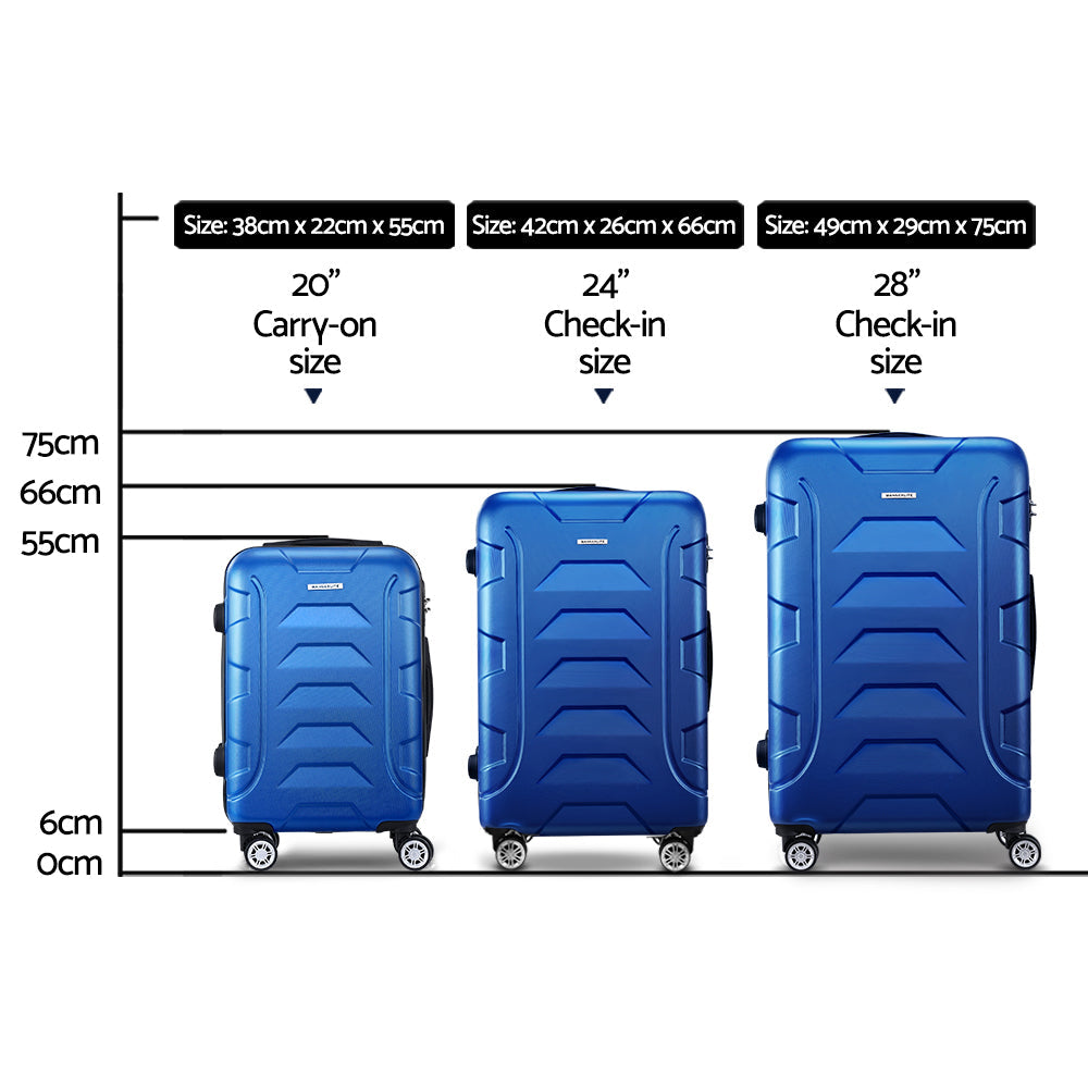Miami 3pc Luggage Set Suitcase TSA Lock Blue