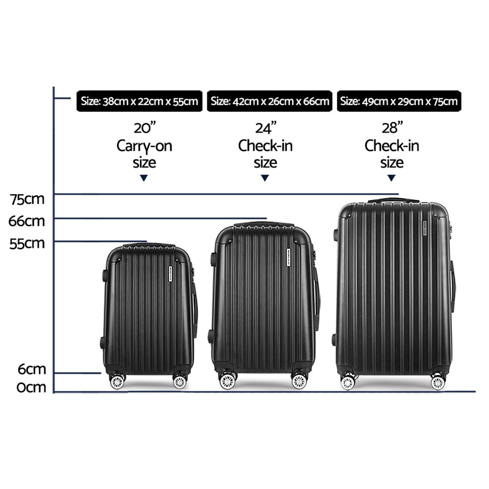 Melbourne 3pcs Luggage Set Travel Suitcase Hard Case Carry On Bag Black