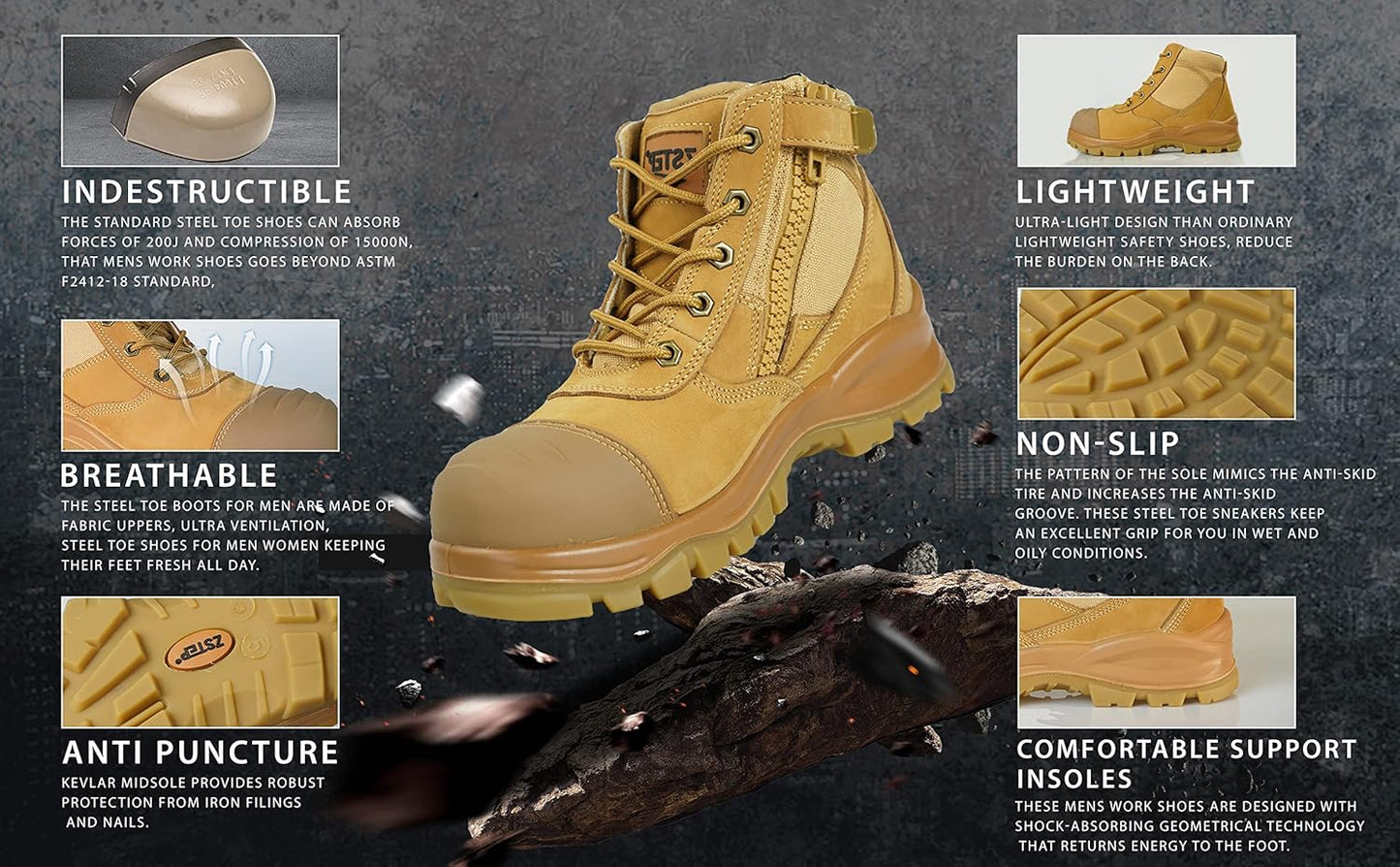 Safety Work Boots for Men Women Lightweight Steel Toe Sneakers Breathable Slip Resistant Work Boots Puncture Proof Comfortable Shoe Roofing Industrial Construction