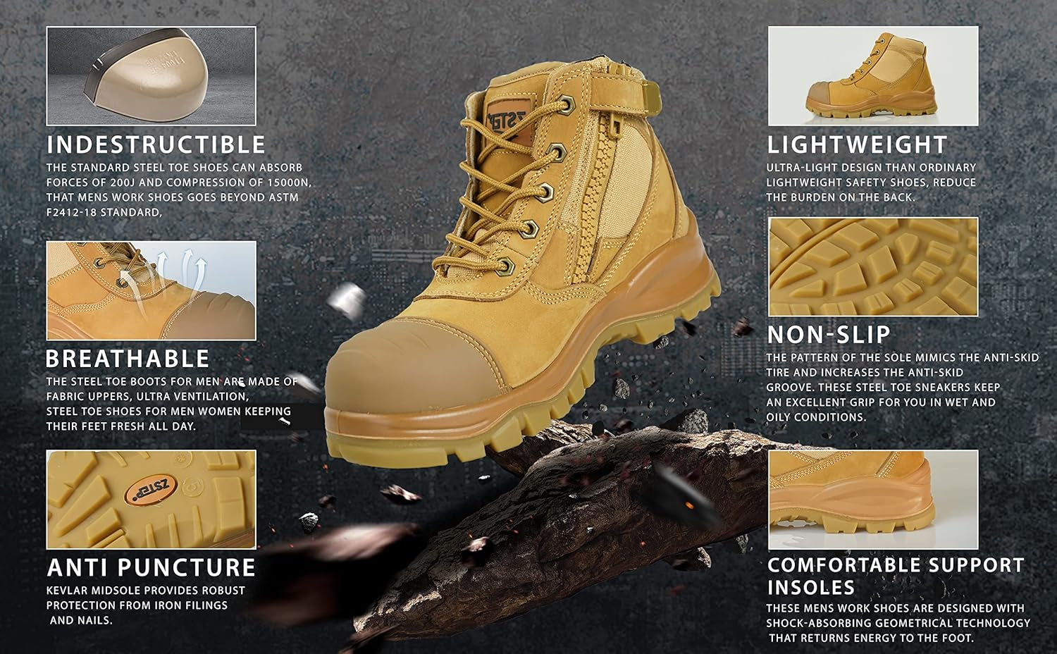 Safety Work Boots for Men Women Lightweight Steel Toe Sneakers Breathable Slip Resistant Work Boots Puncture Proof Comfortable Shoe Roofing Industrial Construction