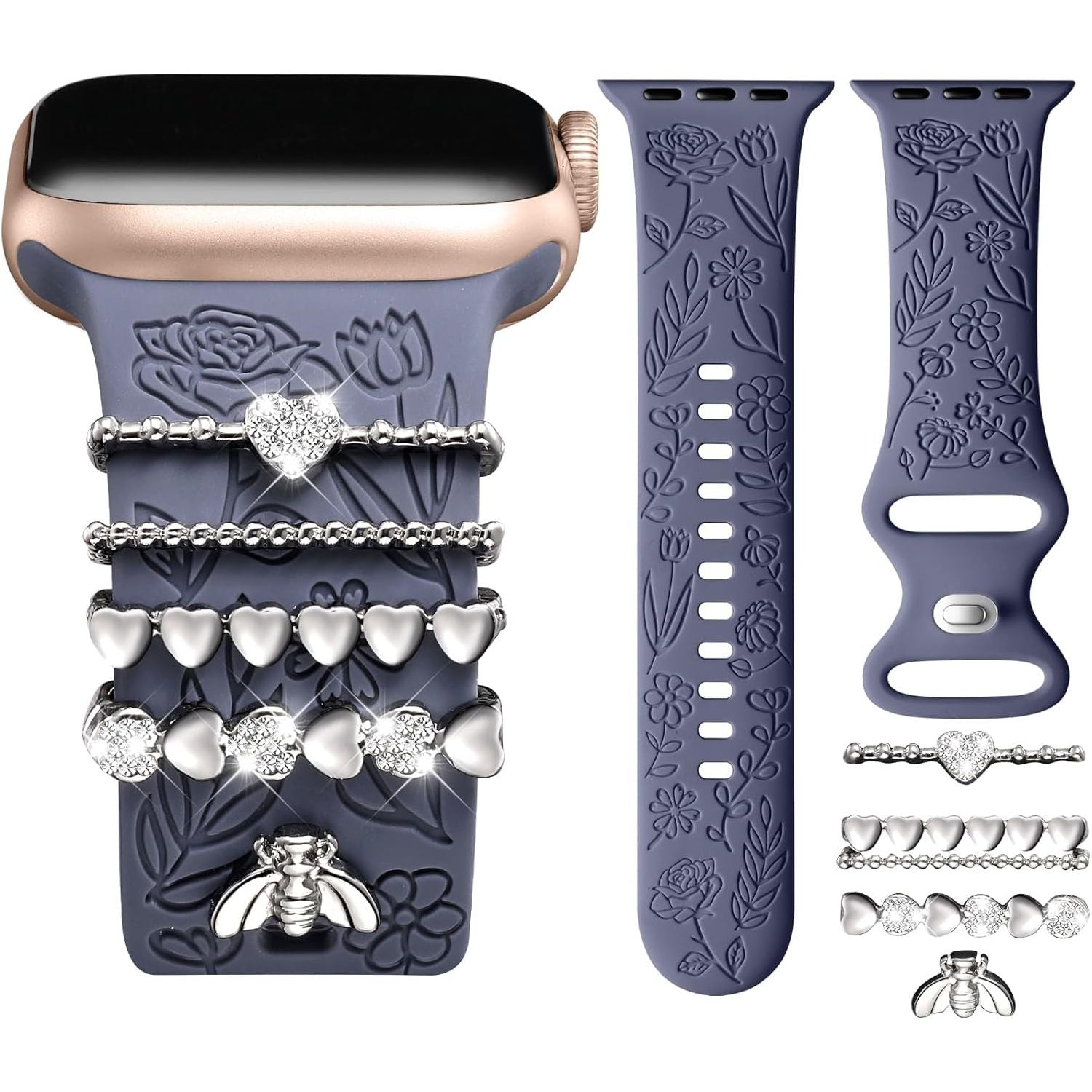 Flower Engraved Band Compatible with Apple Watch Bands 38Mm 40Mm 41Mm for Women, Soft Silicone Sport Band with Decorative Apple Watch Charms for Iwatch Series 9 8 7 6 5 4 3 2 1 SE (With Band)