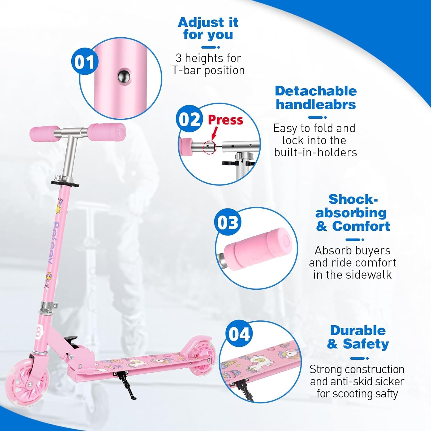 V1 Scooters for Kids, 2 Wheel Folding Kick Scooter for Girls Boys, 3 Adjustable Height, Light up Wheels, Lightweight Scooter with Sturdy Frame, Kickstand for Children 3 to 12 Years Old