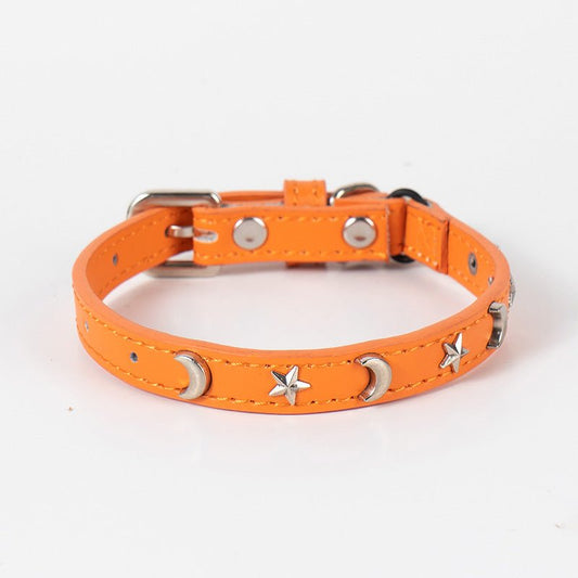 3 pcs Orange Stylish PU Leather Pet Collar - Anti-Loss, Puppy Bell, Star & Moon Design Width 1.2cm Total Length 35cm