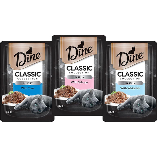 DINE Classic Collection Adult Wet Cat Food Fish Selection in Jelly 12 X 85G, 5 Pack (60 Pouches)