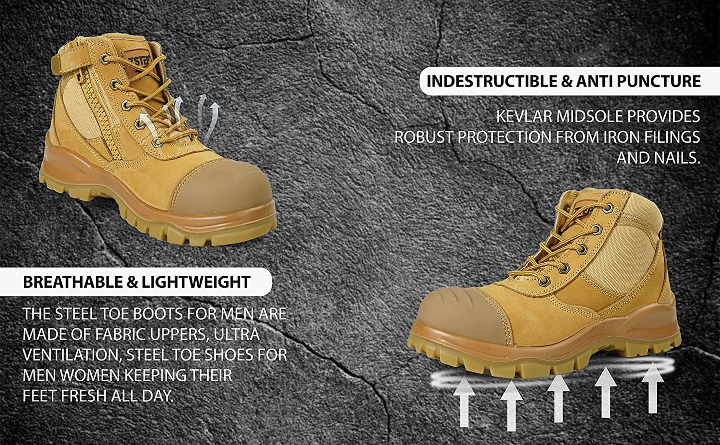 Safety Work Boots for Men Women Lightweight Steel Toe Sneakers Breathable Slip Resistant Work Boots Puncture Proof Comfortable Shoe Roofing Industrial Construction