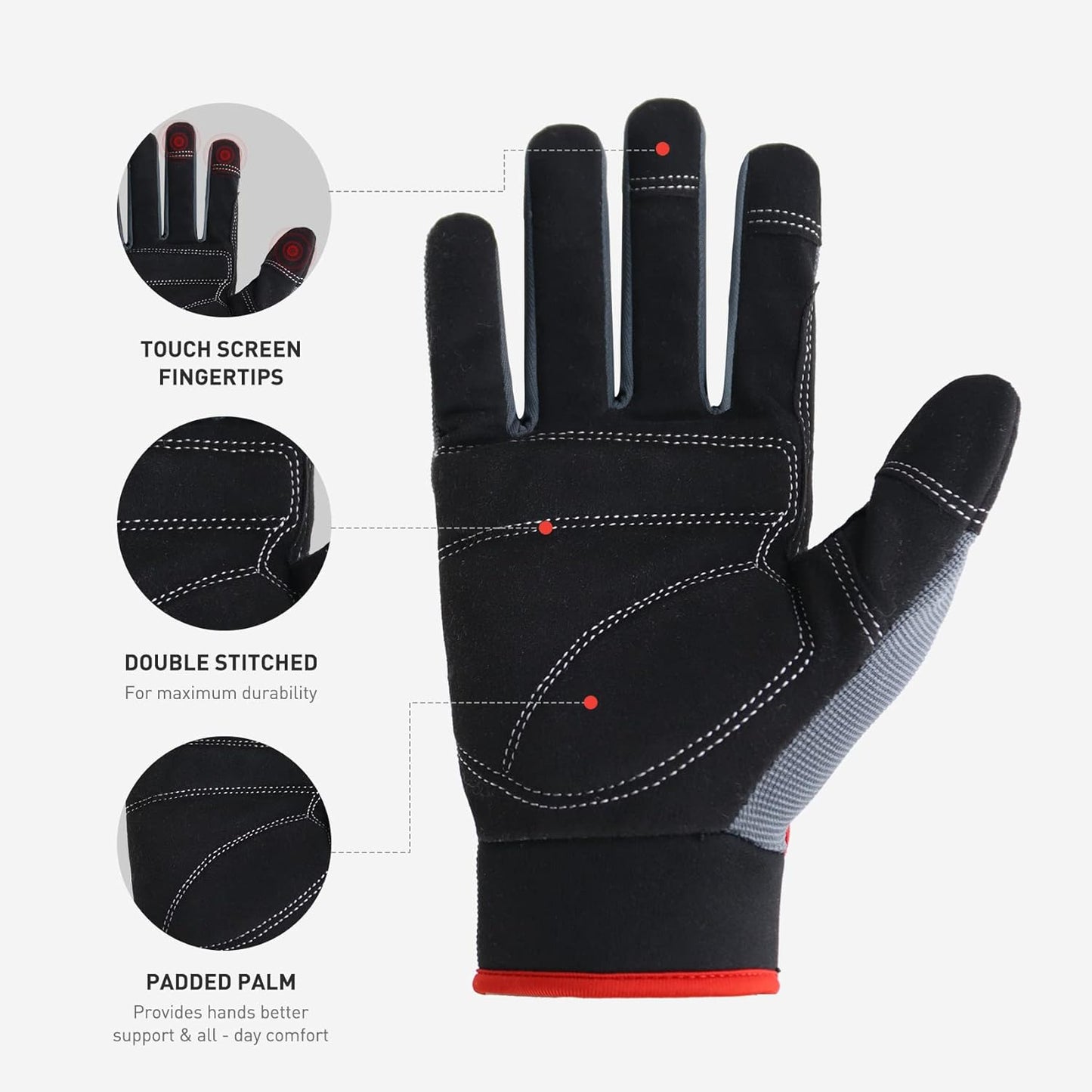 Mens Work Gloves Touch Screen, Synthetic Leather Utility Gloves, Flexible Breathable Spendex - Padded Knuckles & Palm