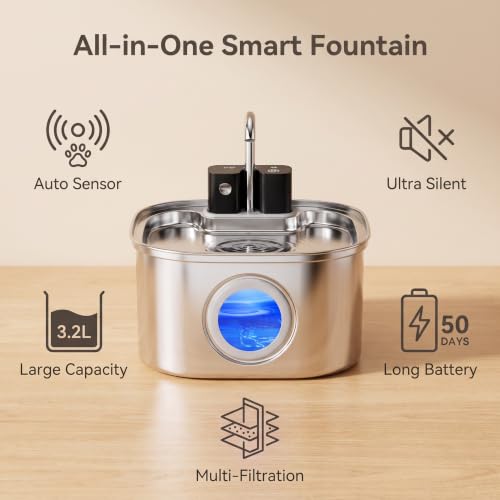 Dehlso Wireless Cat Water Fountain Stainless Steel