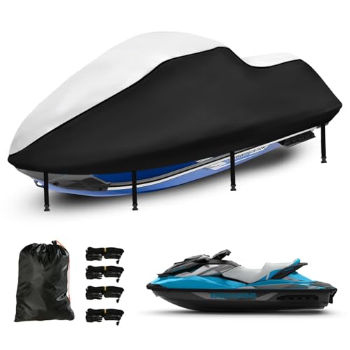 Jet Ski Cover 3 Seater, Upgraded Heavy Duty 420D Waterproof Jetski Covers with 2 Air Vent Marine Grade UV Resistant Fits Seadoo,Yamaha, Kawasaki,Waverunner Polaris from 115" to 120"(Silver Black)