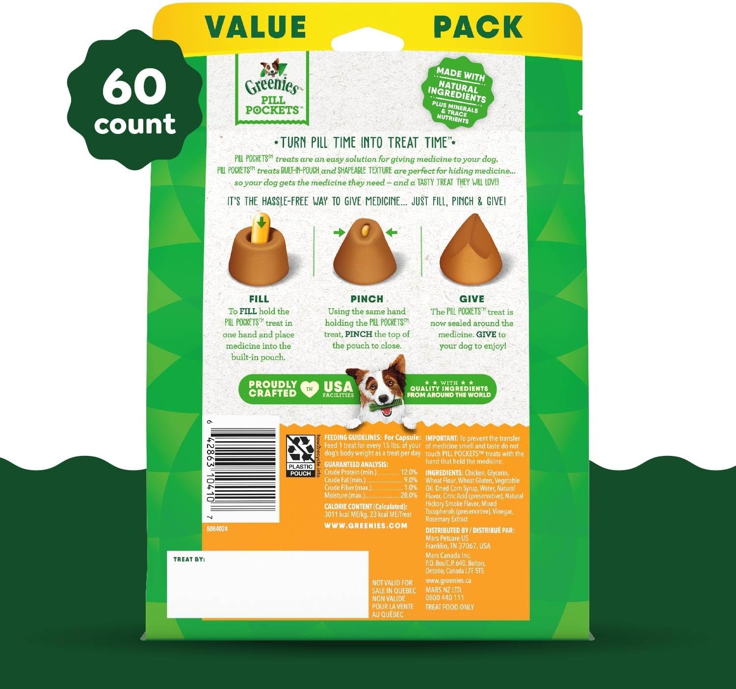Pill Pockets Capsule Size Natural Dog Treats Chicken Flavor, 15.8 Oz. Value Pack (60 Treats)